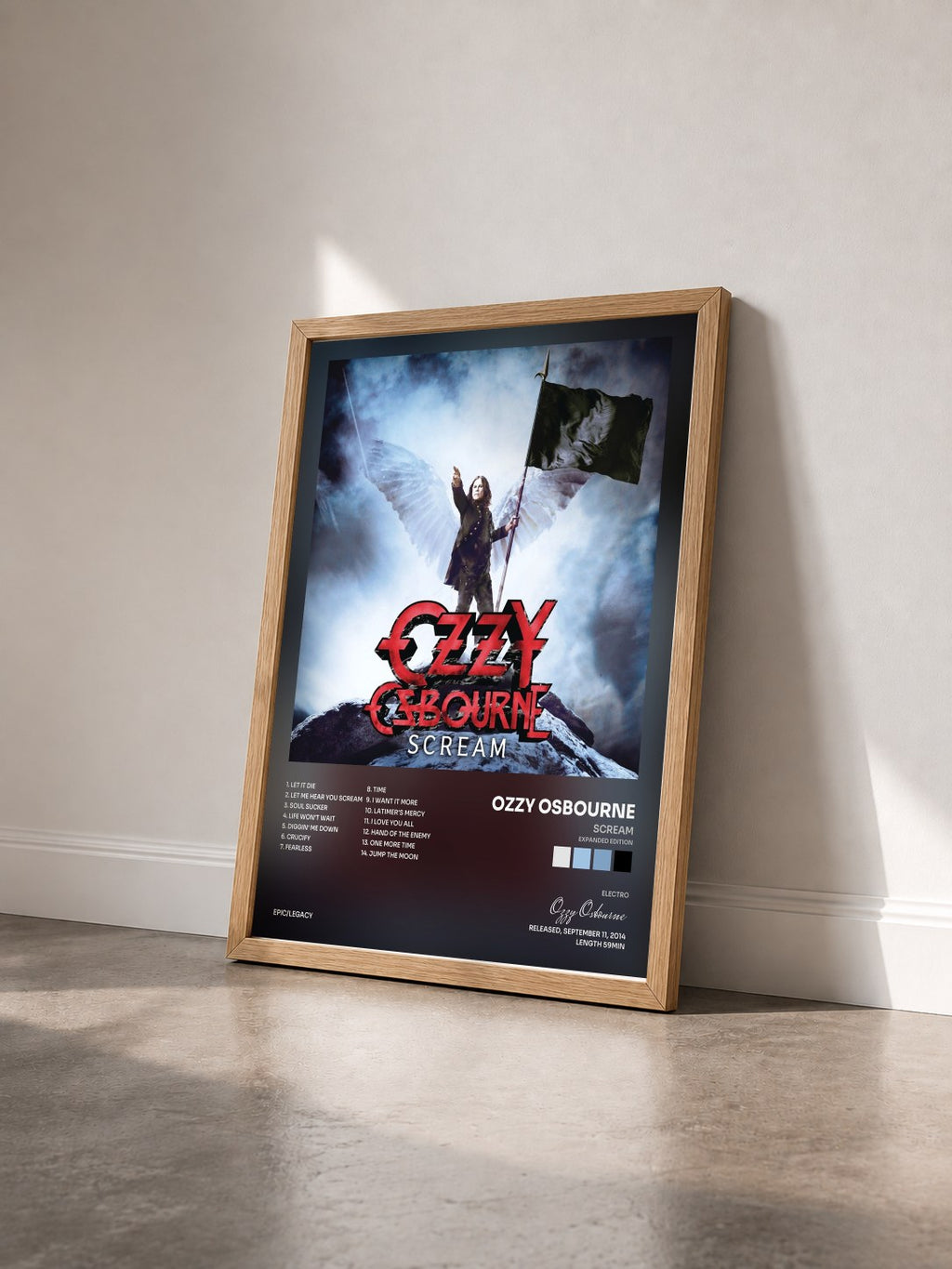 #bois Tableau de l'album Scream (Expanded Edition) de Ozzy Osbourne vu de trois quarts, cadre en bois brut