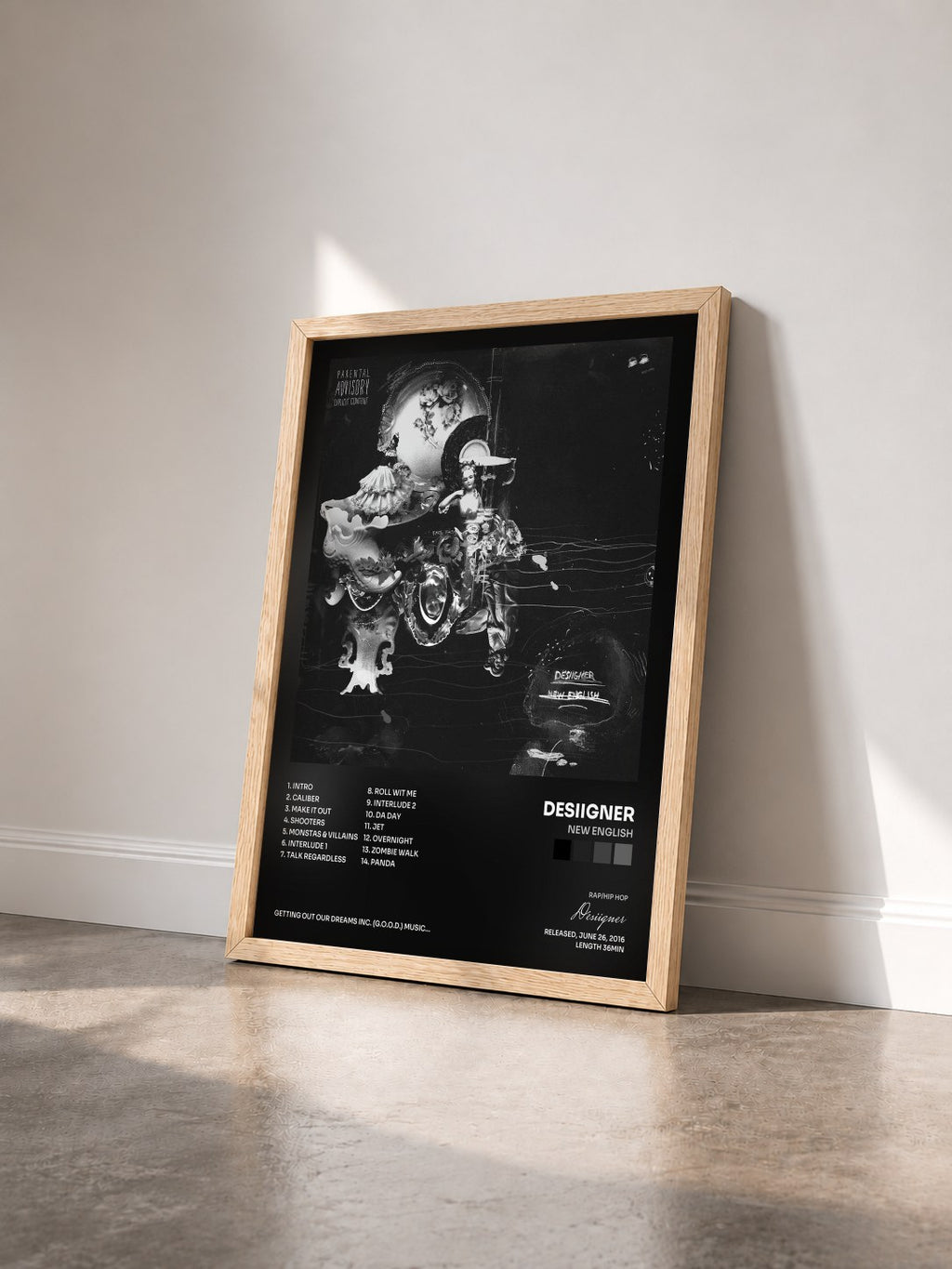 #bois Tableau de l'album New English de Desiigner vu de trois quarts, cadre en bois brut