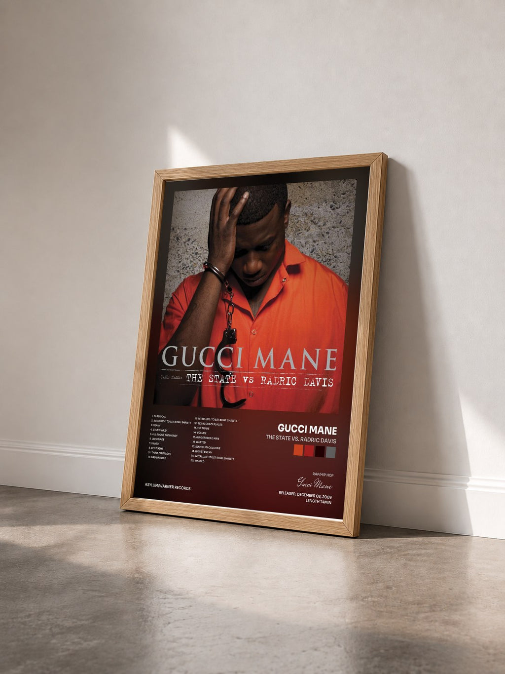 #bois Tableau de l'album The State vs. Radric Davis de Gucci Mane vu de trois quarts, cadre en bois brut