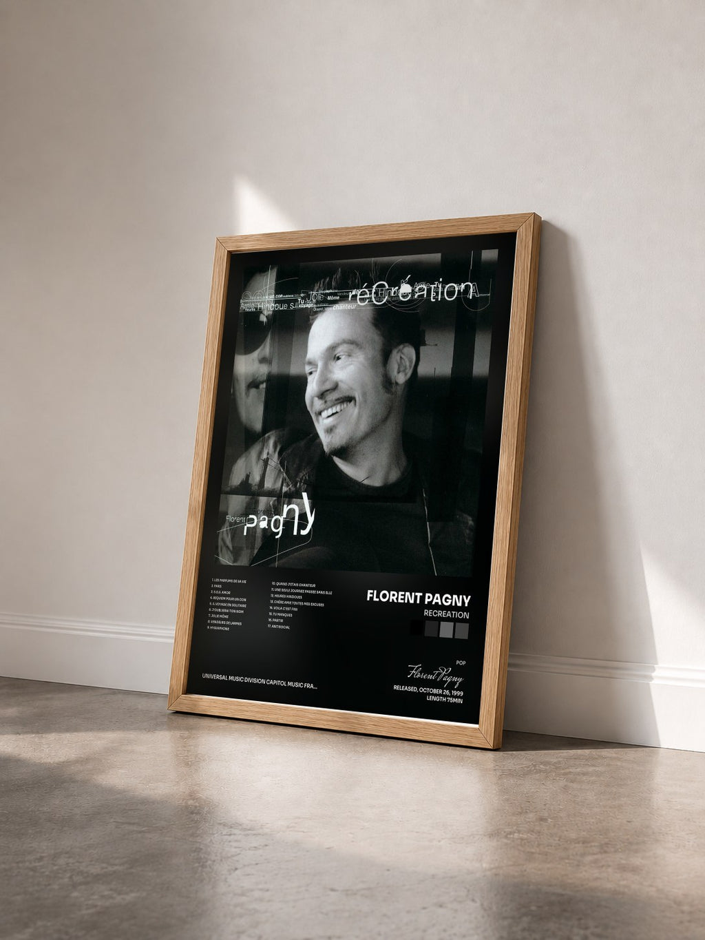 #bois Tableau de l'album Recreation de Florent Pagny vu de trois quarts, cadre en bois brut