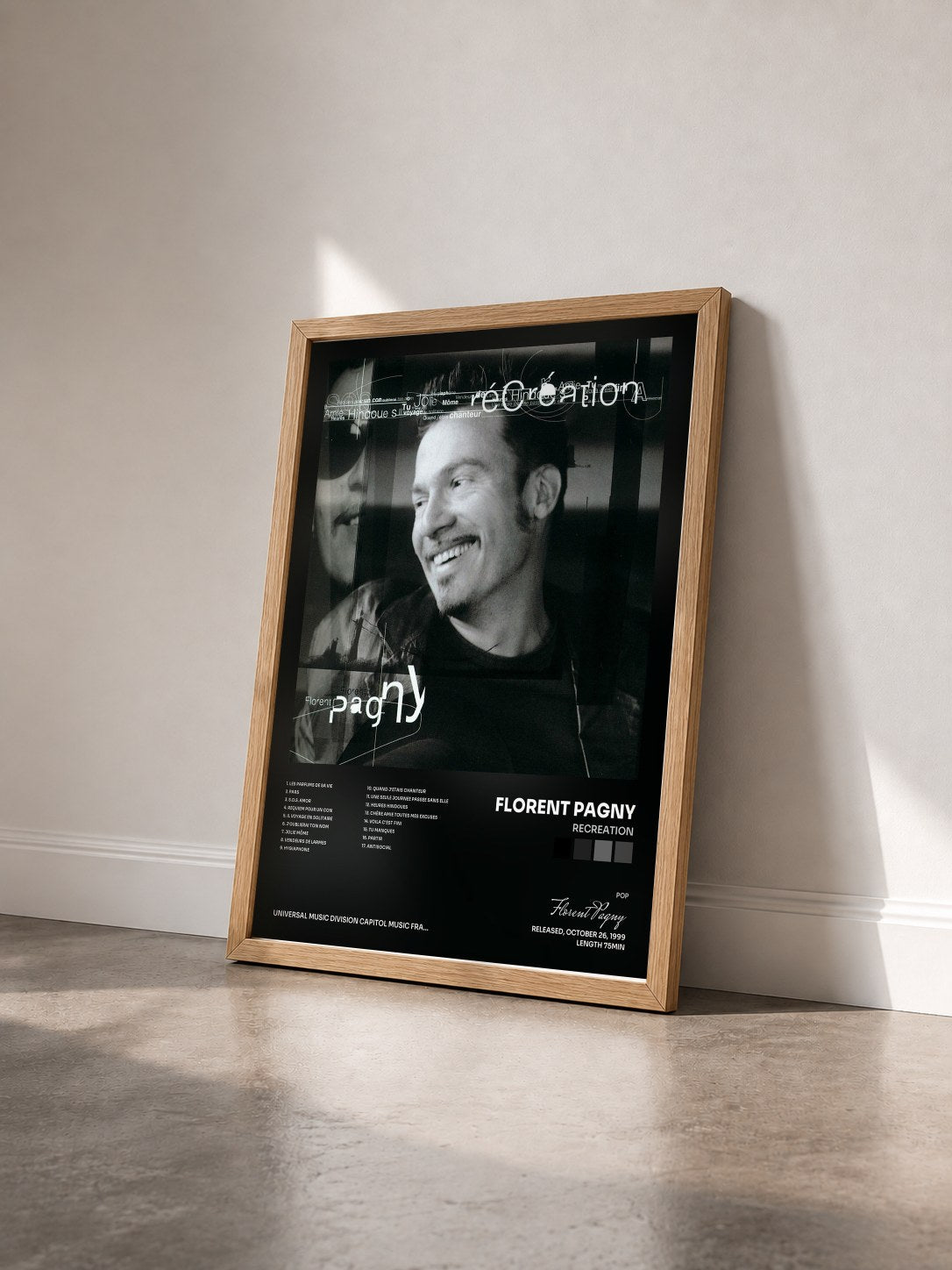 #bois Tableau de l'album Recreation de Florent Pagny vu de trois quarts, cadre en bois brut