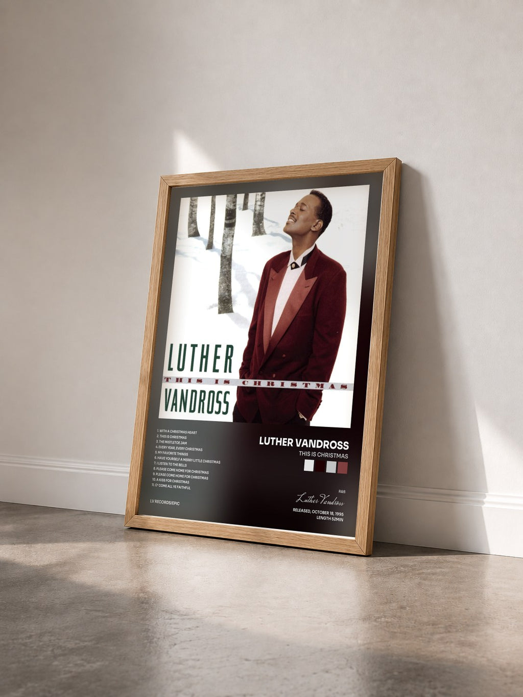 #bois Tableau de l'album This Is Christmas de Luther Vandross vu de trois quarts, cadre en bois brut