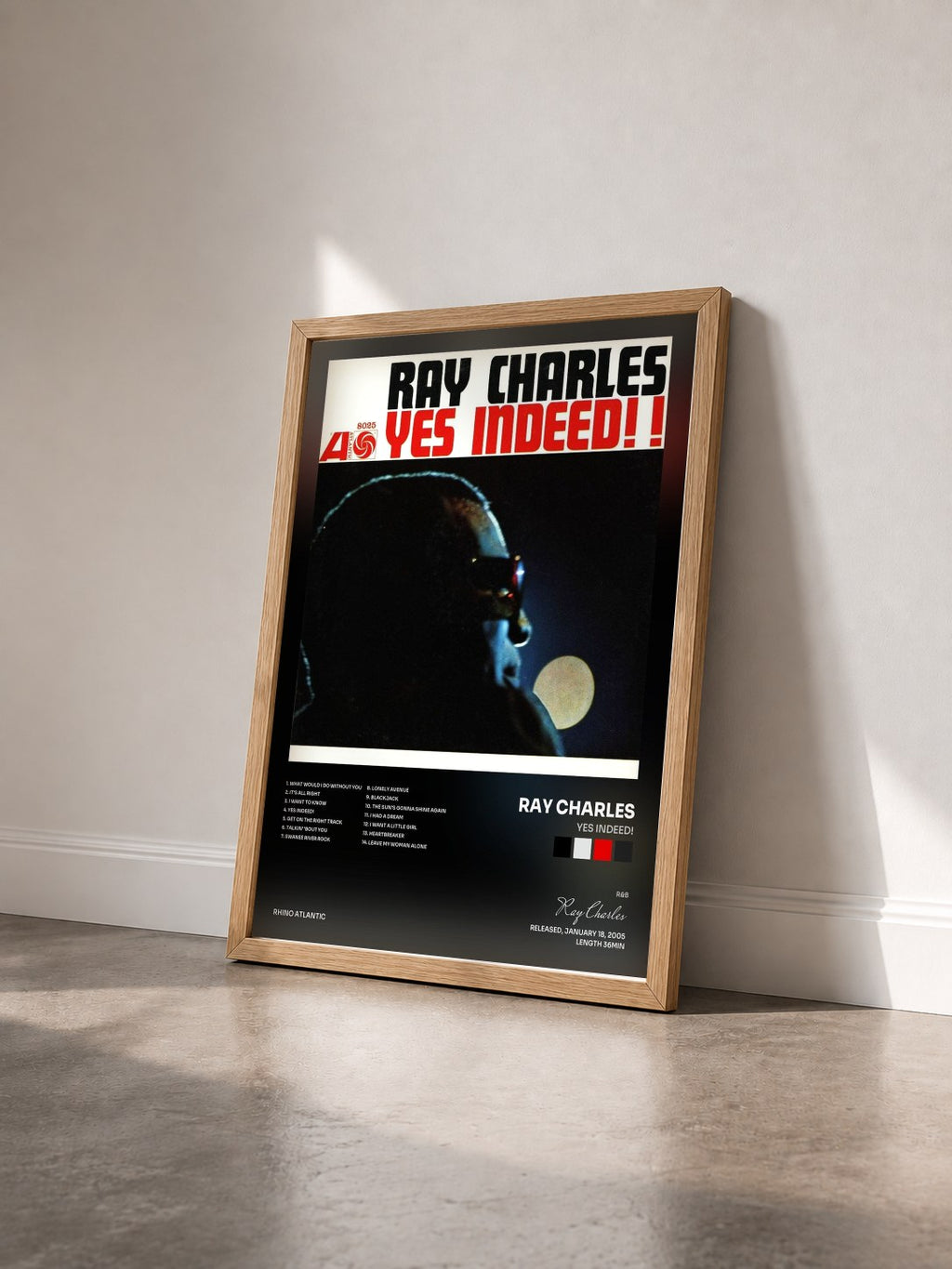 #bois Tableau de l'album Yes Indeed! de Ray Charles vu de trois quarts, cadre en bois brut
