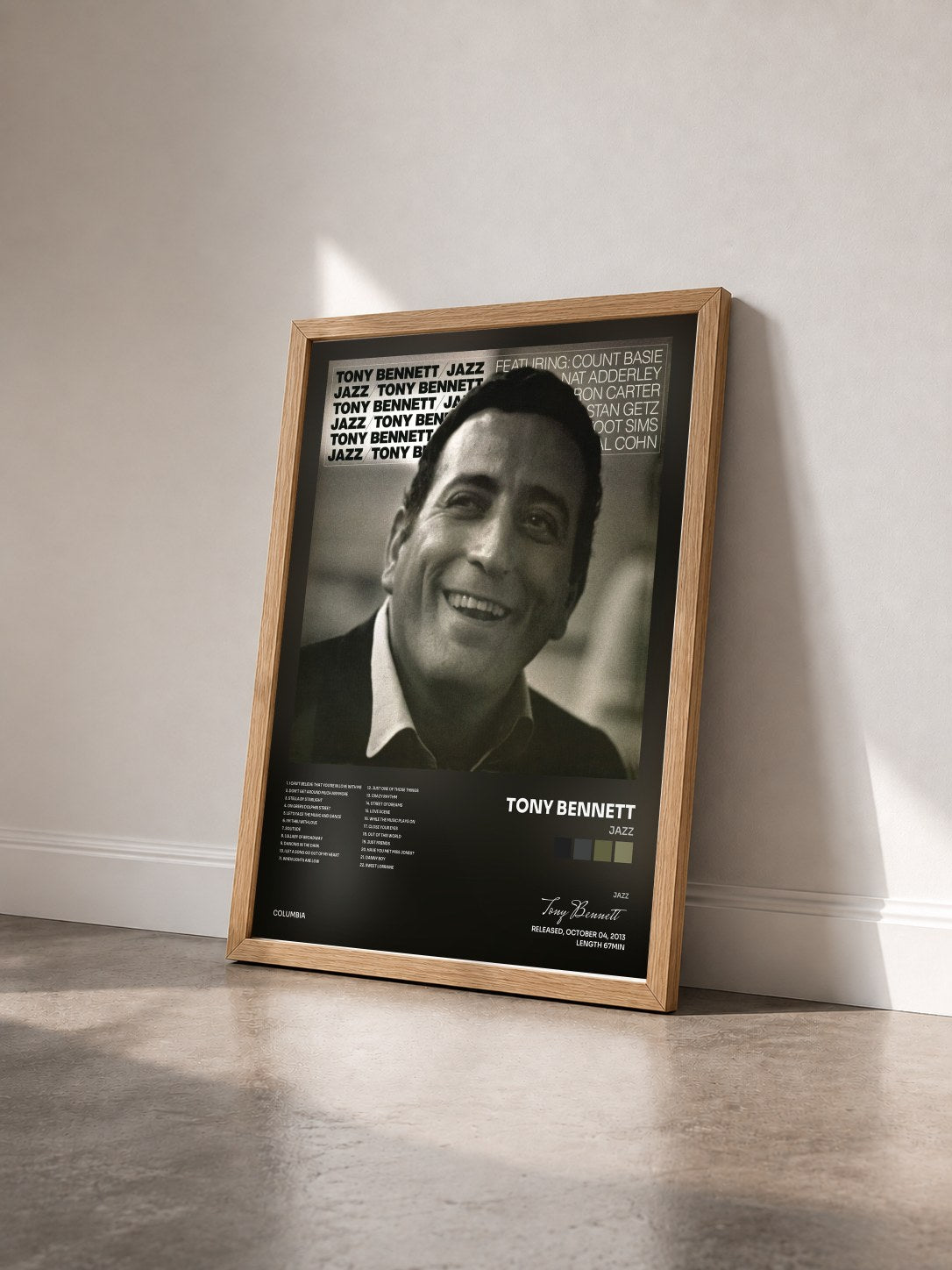 #bois Tableau de l'album Jazz de Tony Bennett vu de trois quarts, cadre en bois brut