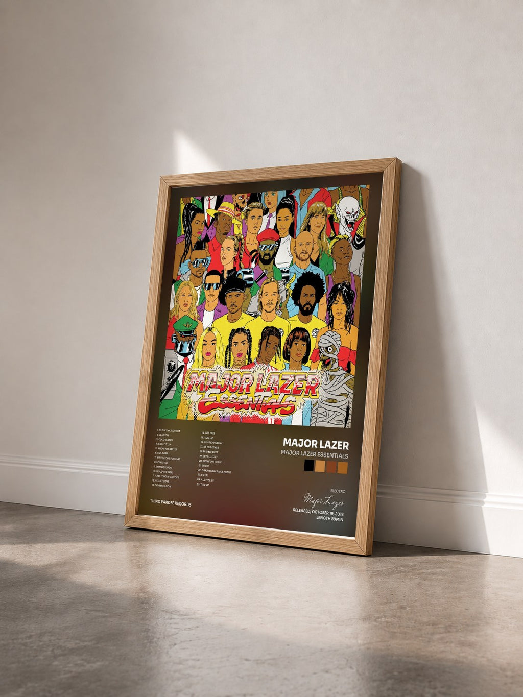 #bois Tableau de l'album Major Lazer Essentials de Major Lazer vu de trois quarts, cadre en bois brut