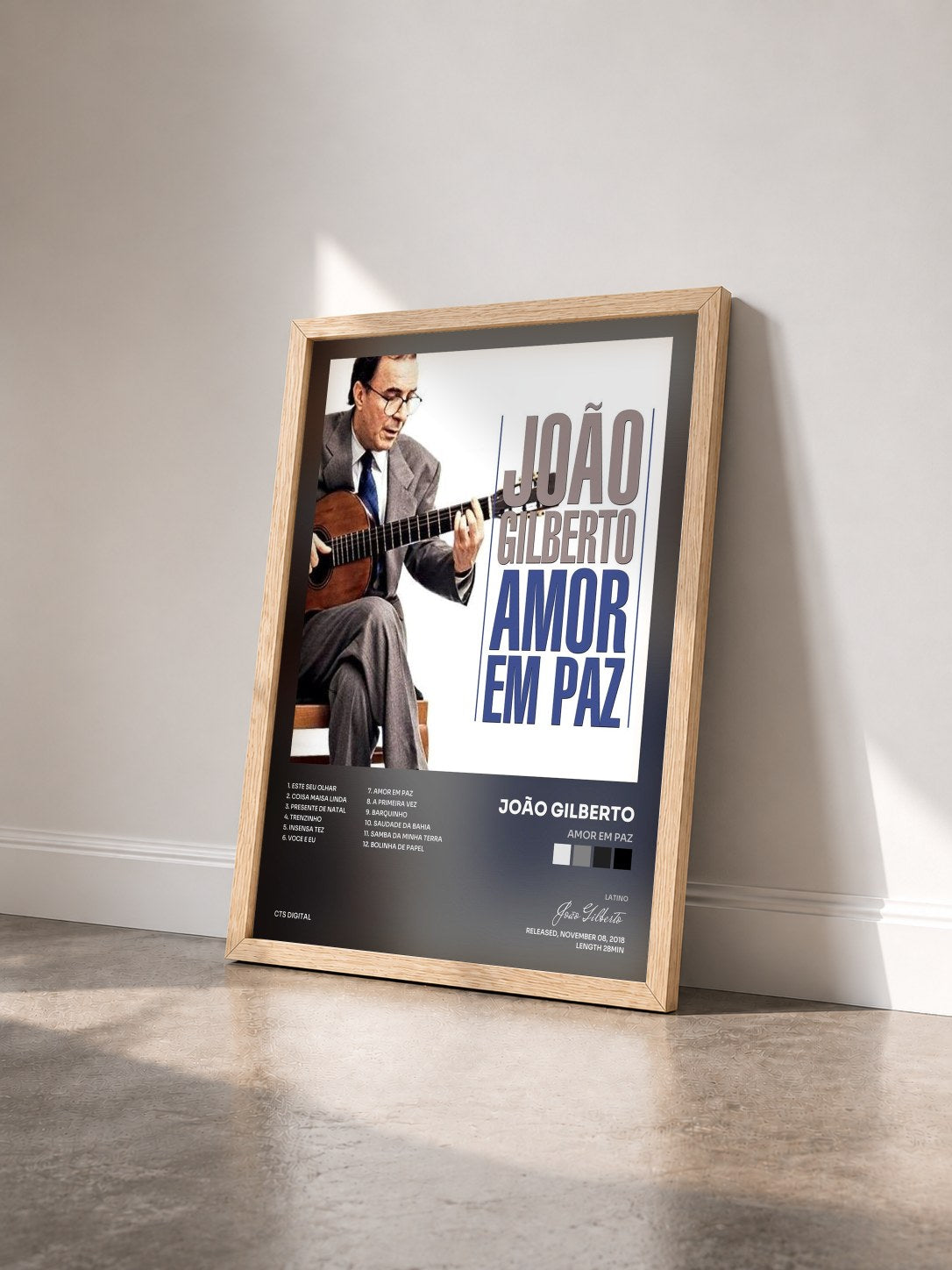#bois Tableau de l'album Amor Em Paz de João Gilberto vu de trois quarts, cadre en bois brut
