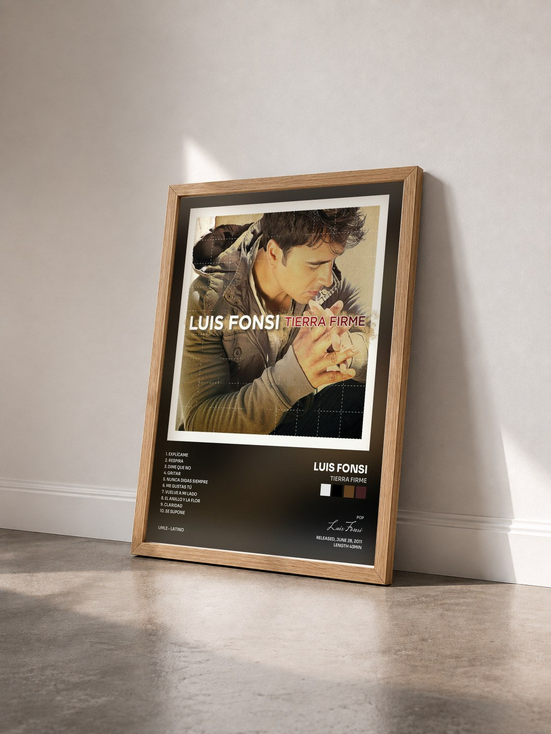 #bois Tableau de l'album Tierra Firme de Luis Fonsi vu de trois quarts, cadre en bois brut