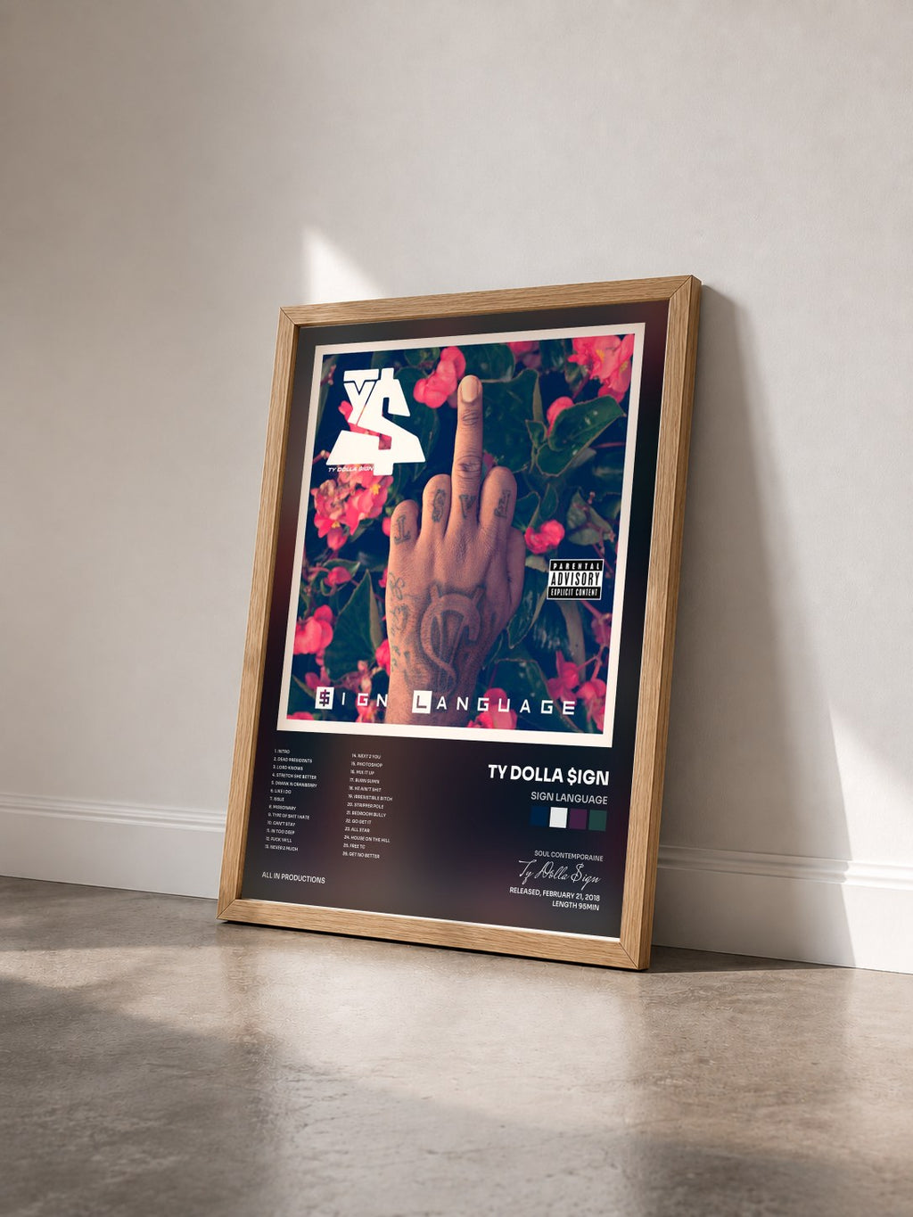#bois Tableau de l'album Sign Language de Ty Dolla $ign vu de trois quarts, cadre en bois brut