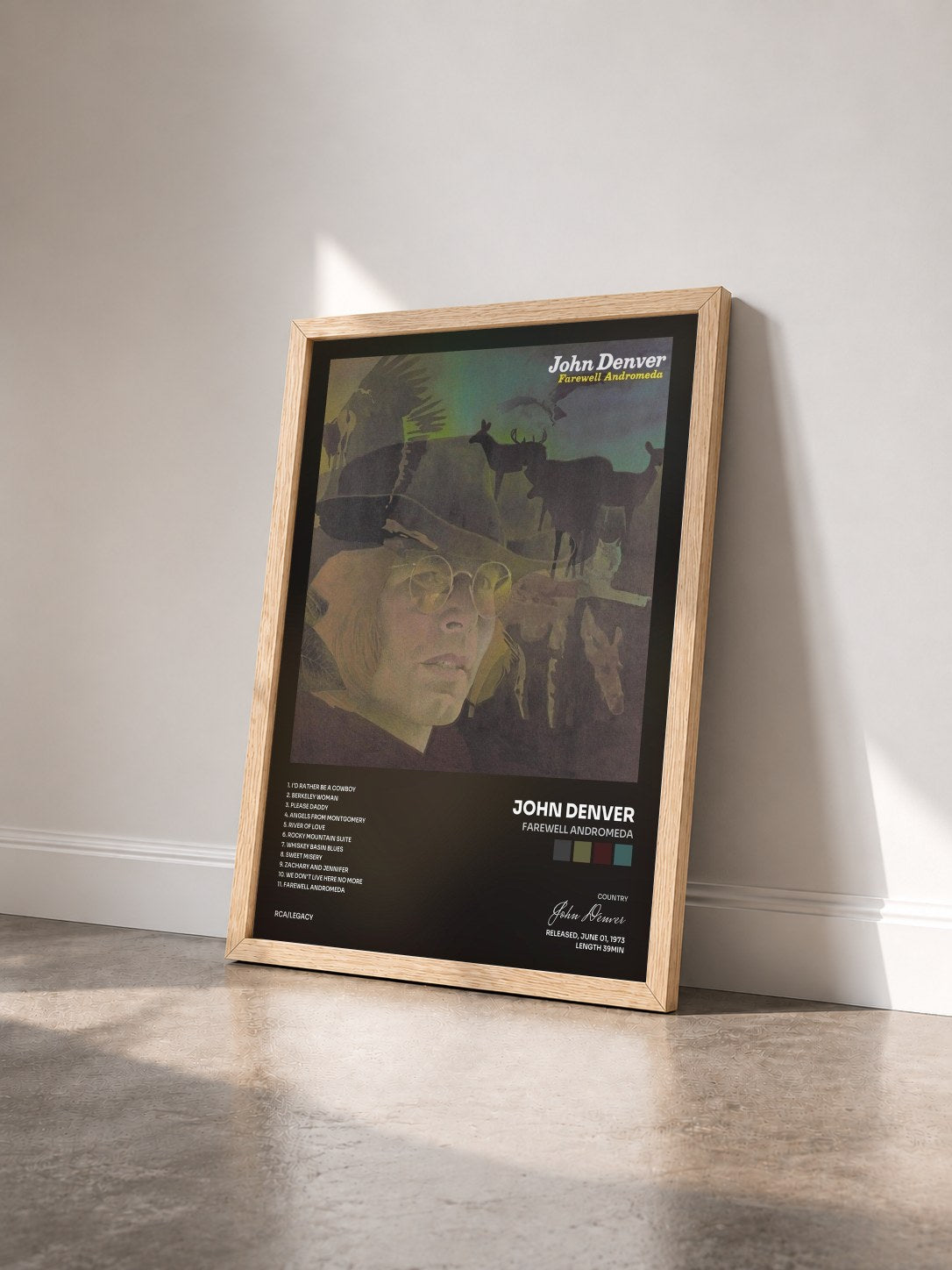 #bois Tableau de l'album Farewell Andromeda de John Denver vu de trois quarts, cadre en bois brut