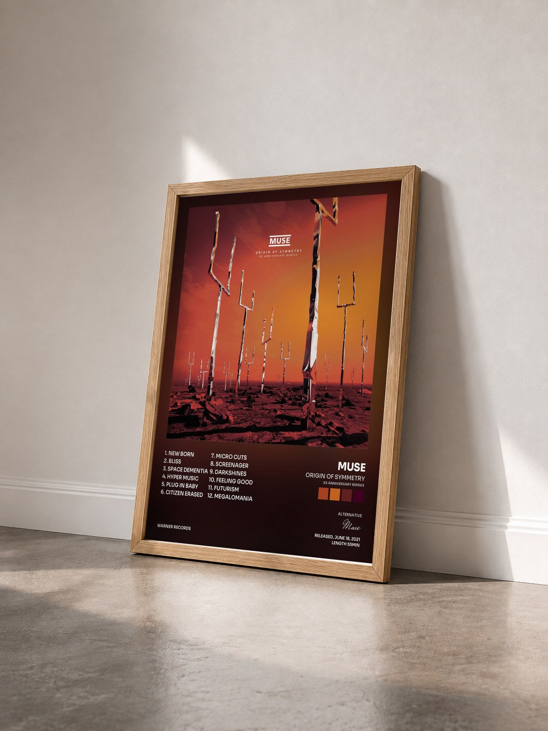 #bois Tableau de l'album Origin of Symmetry (XX Anniversary RemiXX) de Muse vu de trois quarts, cadre en bois brut