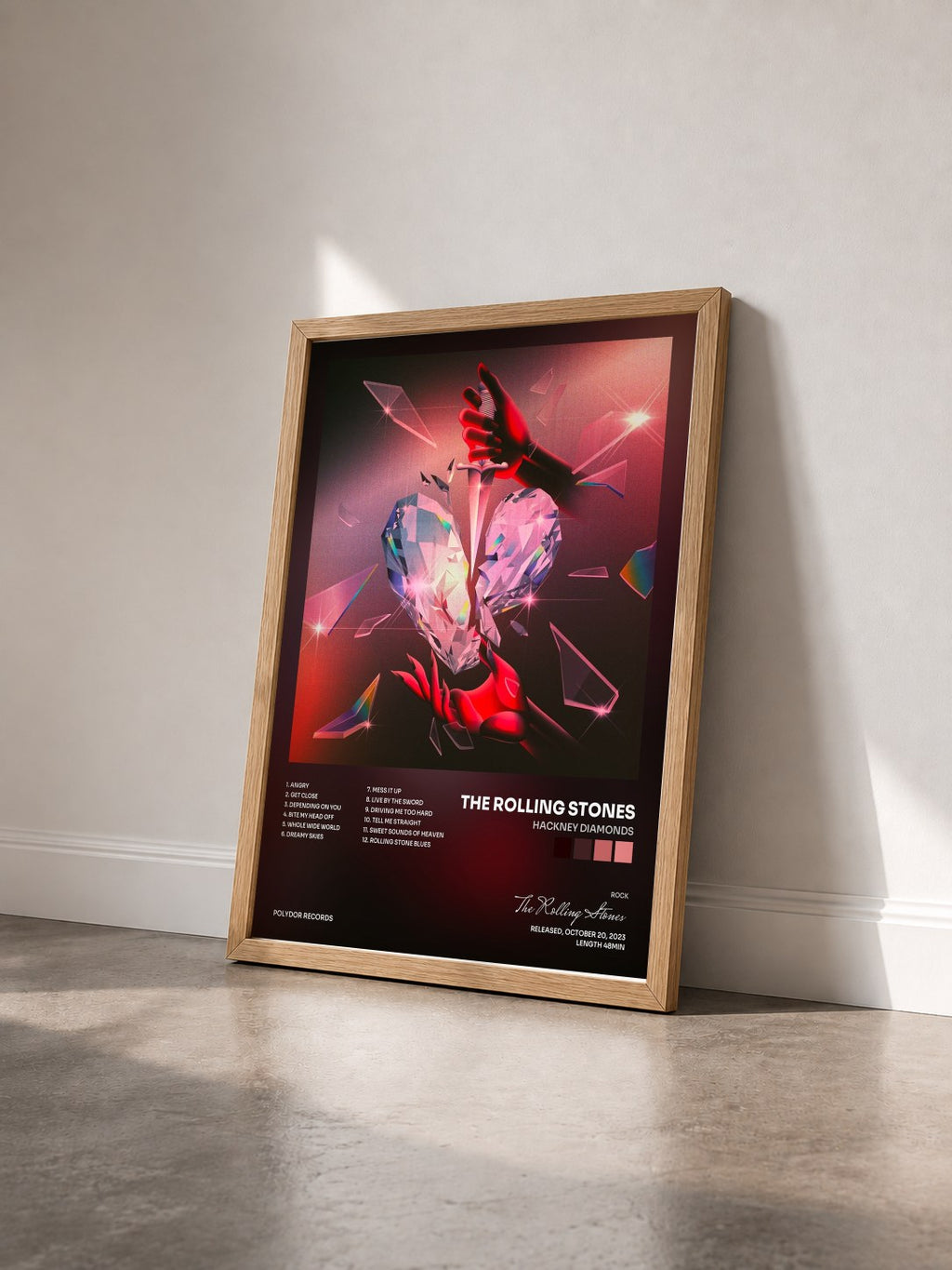 #bois Tableau de l'album Hackney Diamonds de The Rolling Stones vu de trois quarts, cadre en bois brut