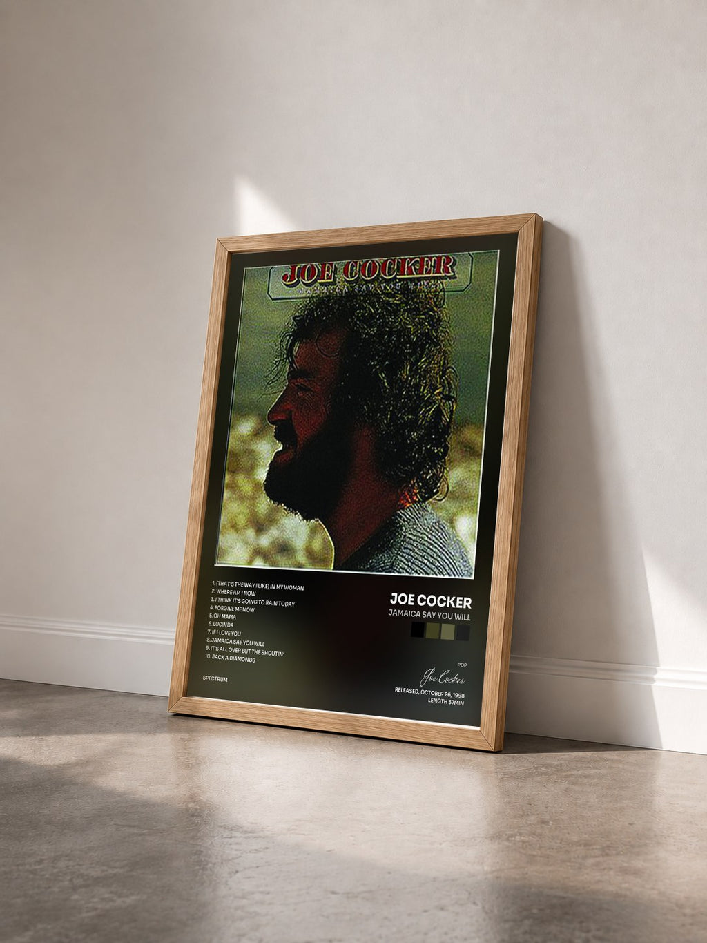 #bois Tableau de l'album Jamaica Say You Will de Joe Cocker vu de trois quarts, cadre en bois brut