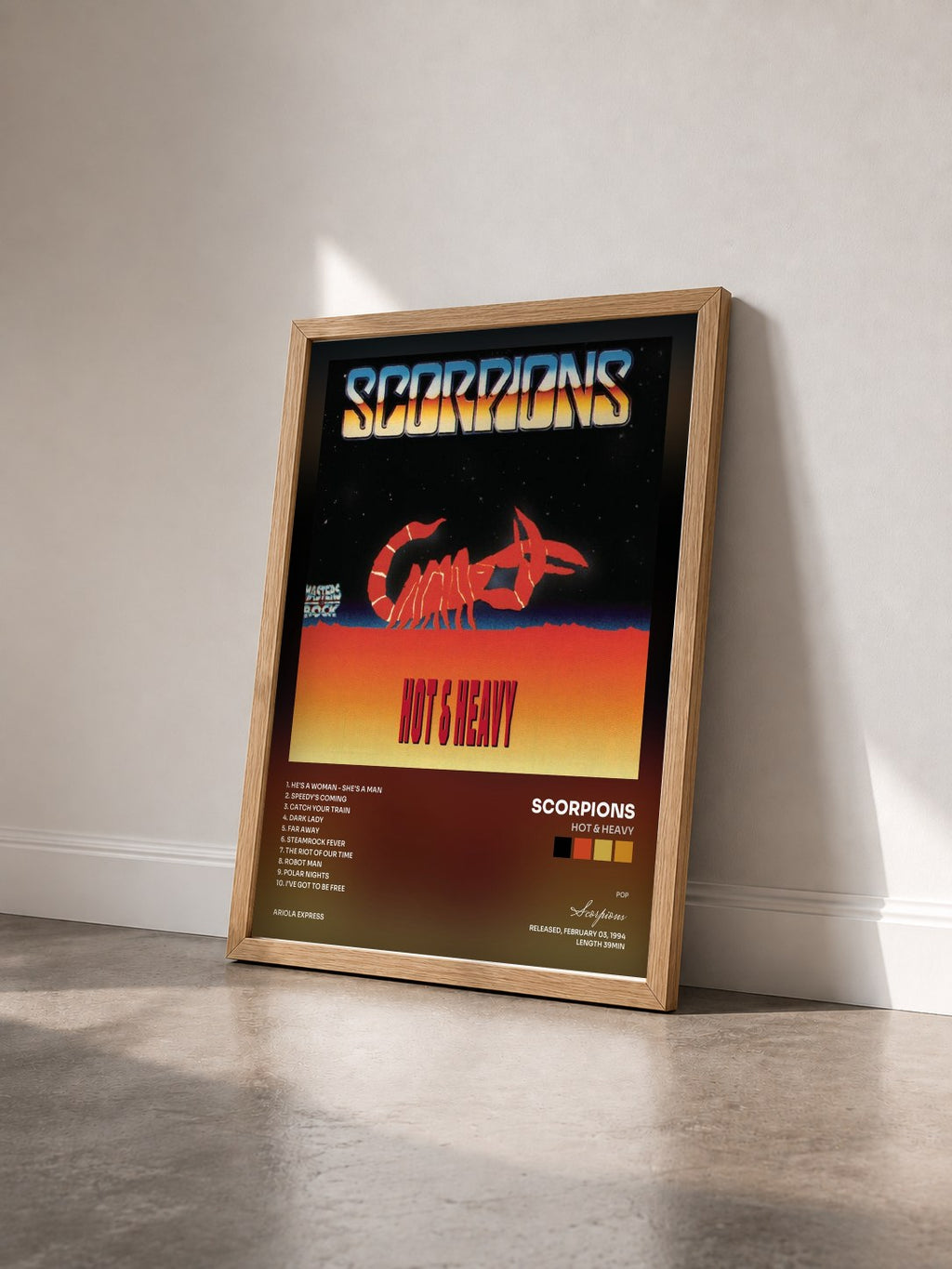 #bois Tableau de l'album Hot & Heavy de Scorpions vu de trois quarts, cadre en bois brut