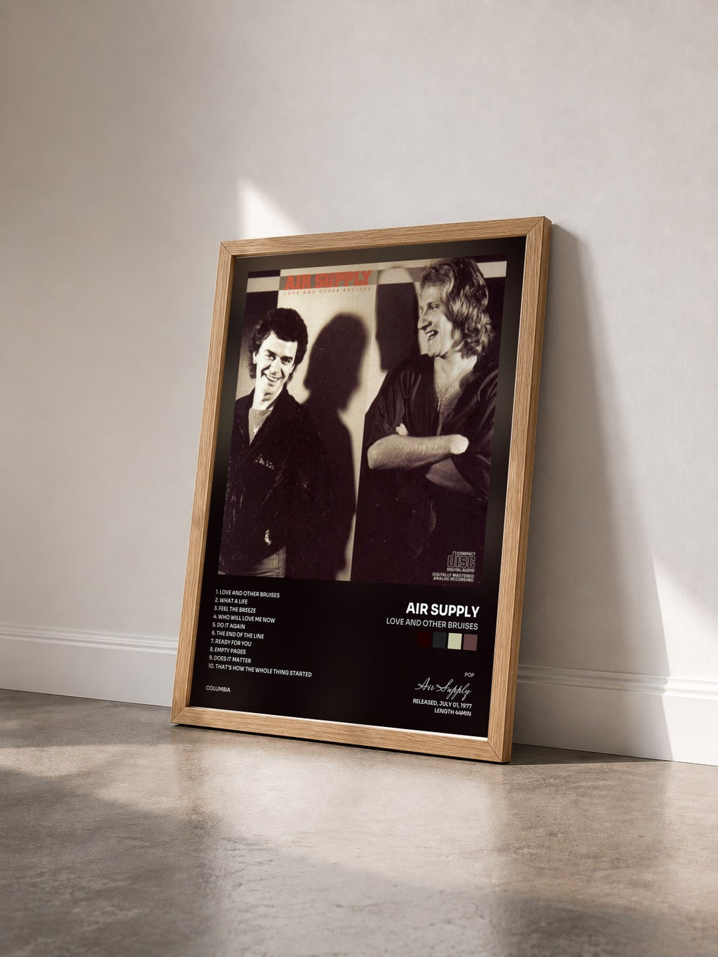 #bois Tableau de l'album Love And Other Bruises de Air Supply vu de trois quarts, cadre en bois brut