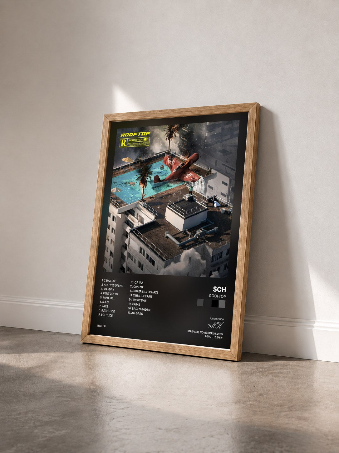 #bois Tableau de l'album Rooftop de SCH vu de trois quarts, cadre en bois brut