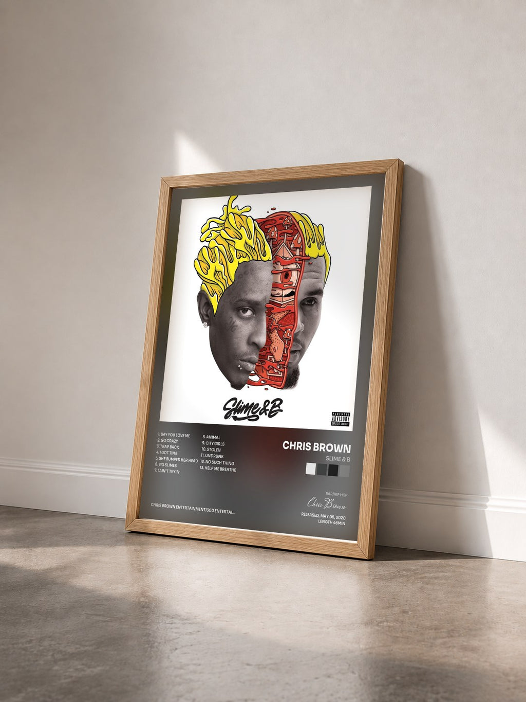 #bois Tableau de l'album Slime & B de Chris Brown vu de trois quarts, cadre en bois brut