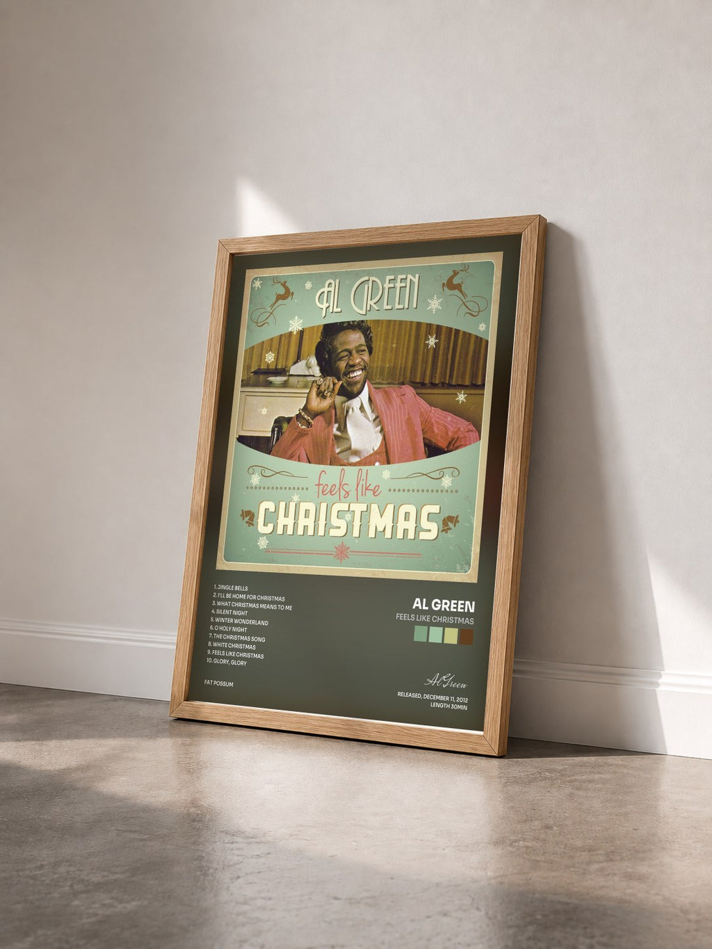 #bois Tableau de l'album Feels Like Christmas de Al Green vu de trois quarts, cadre en bois brut