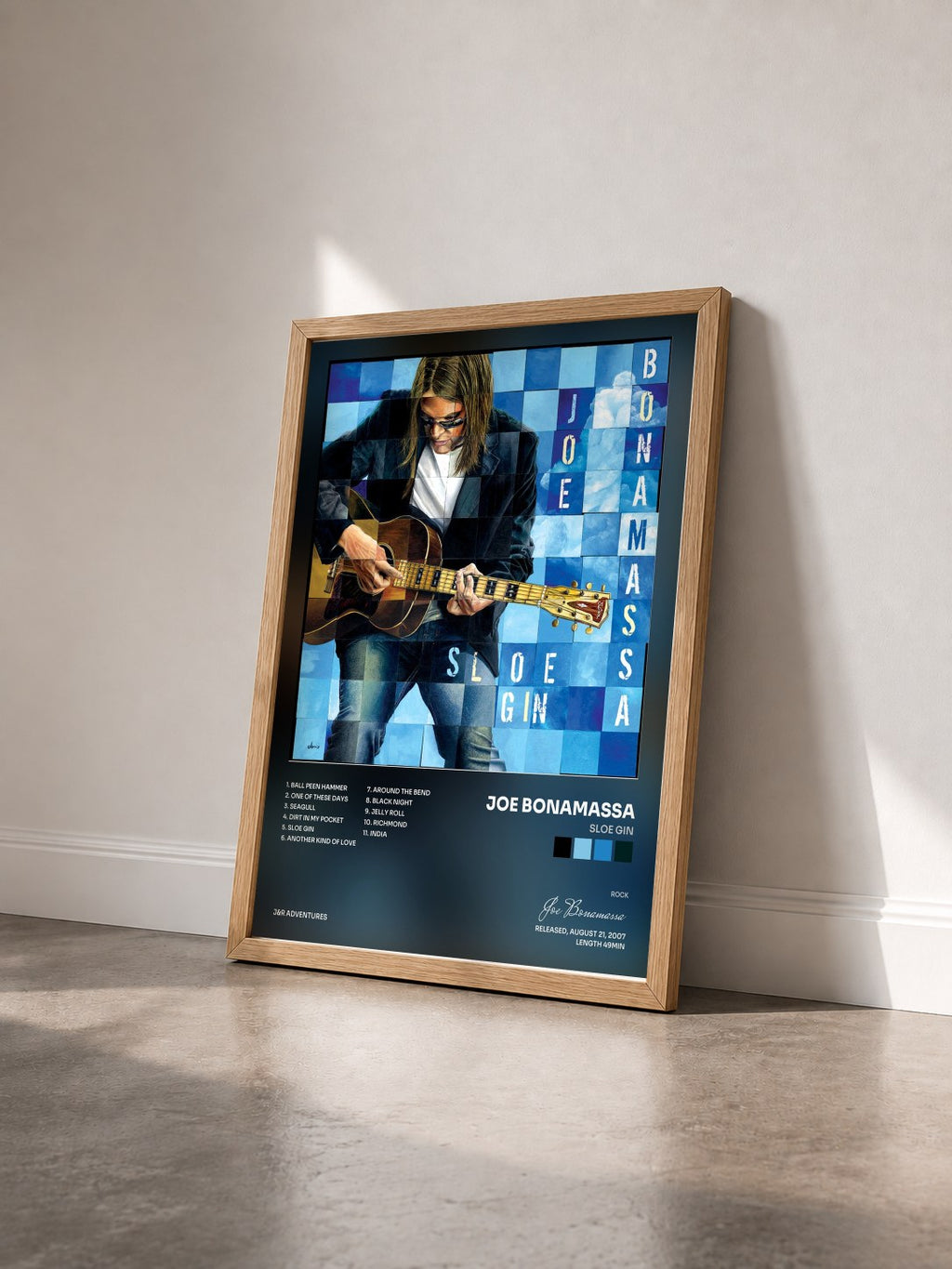 #bois Tableau de l'album Sloe Gin de Joe Bonamassa vu de trois quarts, cadre en bois brut