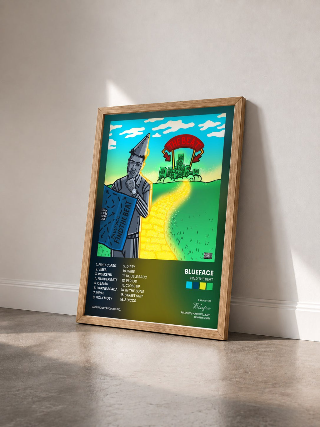#bois Tableau de l'album Find The Beat de Blueface vu de trois quarts, cadre en bois brut