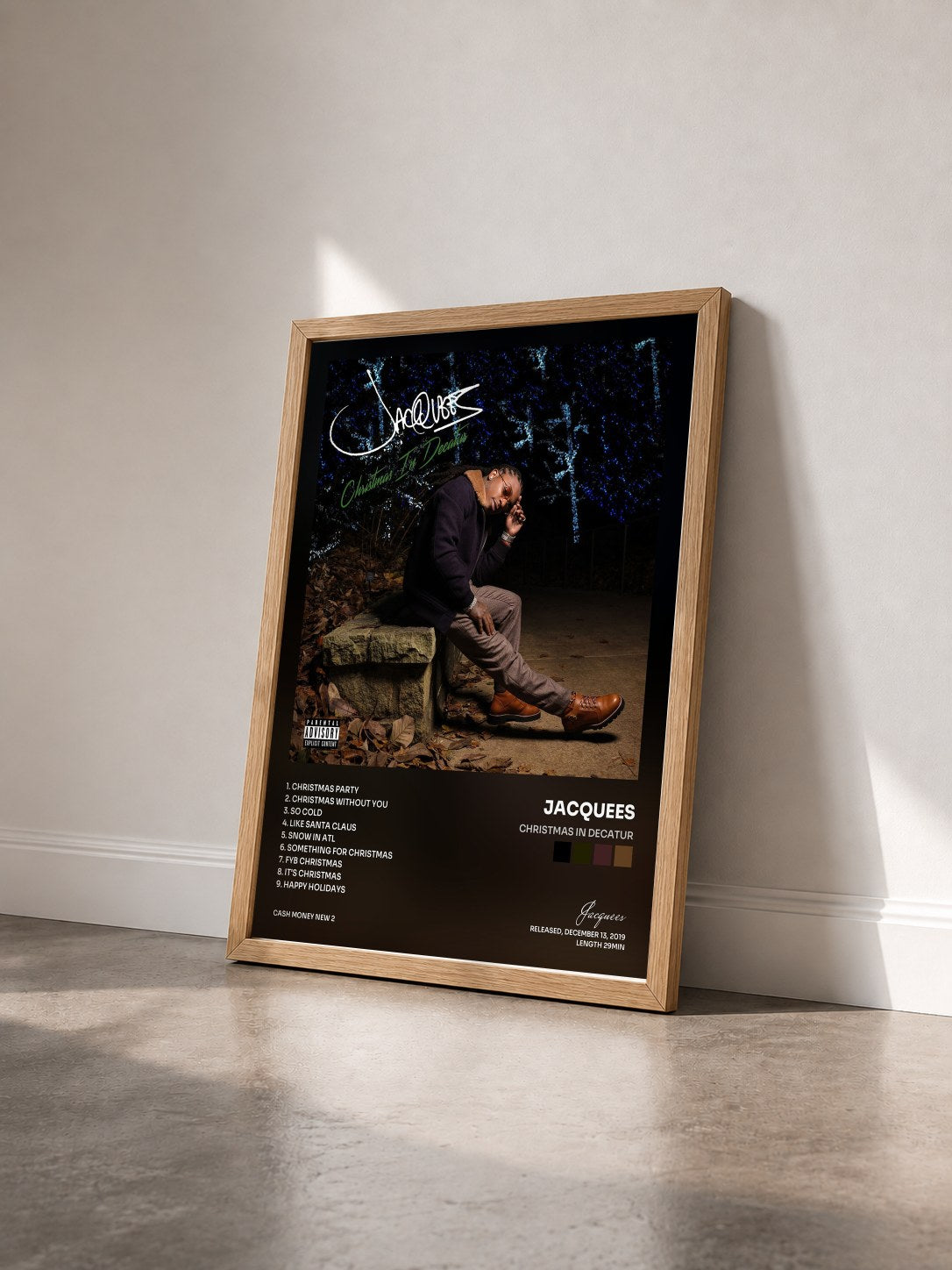 #bois Tableau de l'album Christmas In Decatur de Jacquees vu de trois quarts, cadre en bois brut