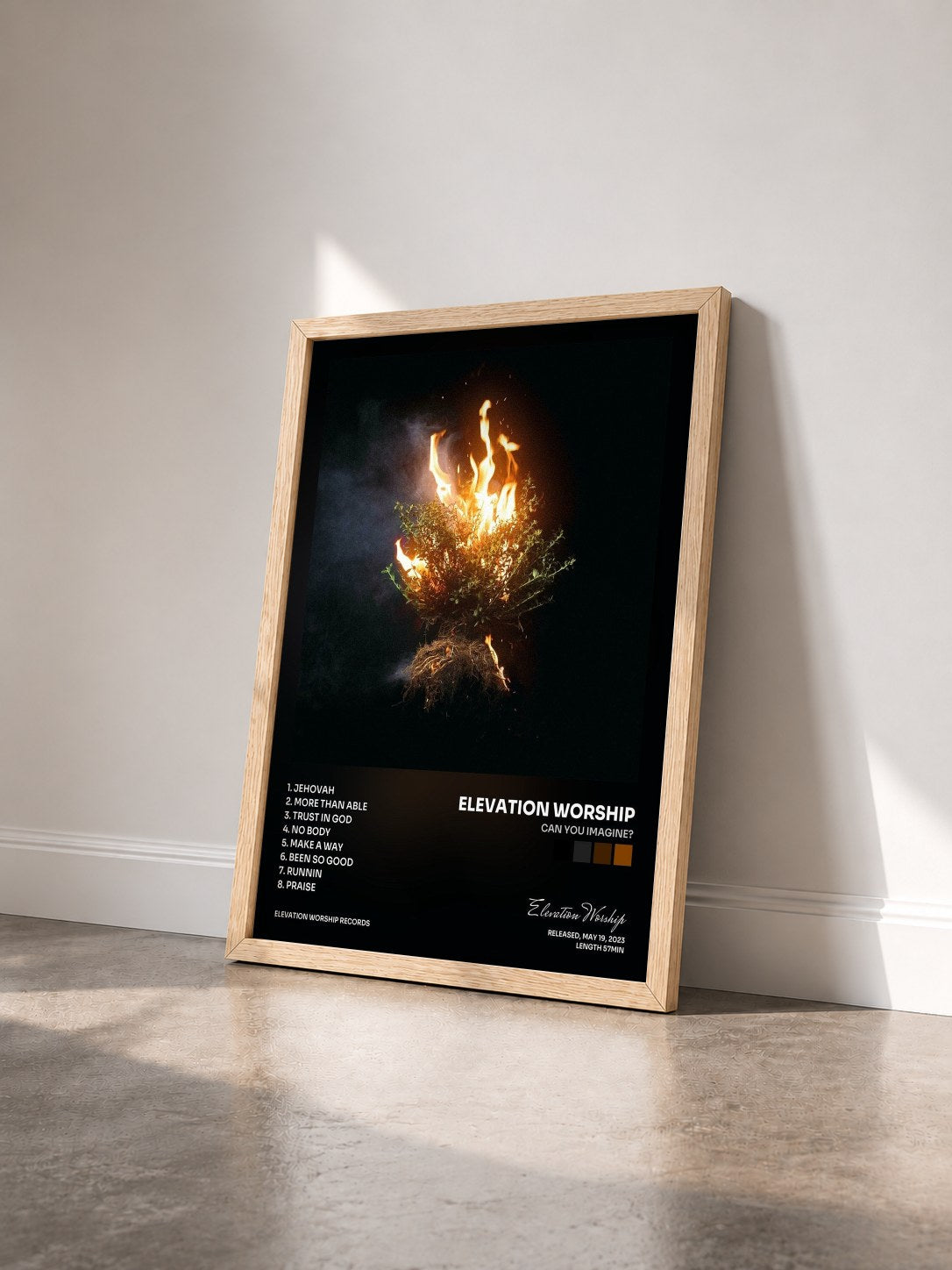 #bois Tableau de l'album CAN YOU IMAGINE? de Elevation Worship vu de trois quarts, cadre en bois brut