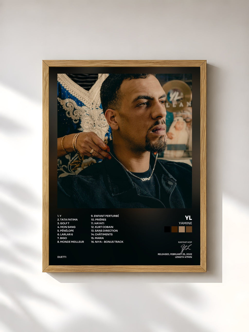 #bois Tableau de l'album YAMINE de YL, cadre en bois brut, imprimé et encadré en France