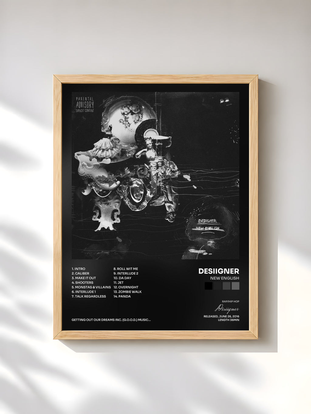 #bois Tableau de l'album New English de Desiigner, cadre en bois brut, imprimé et encadré en France