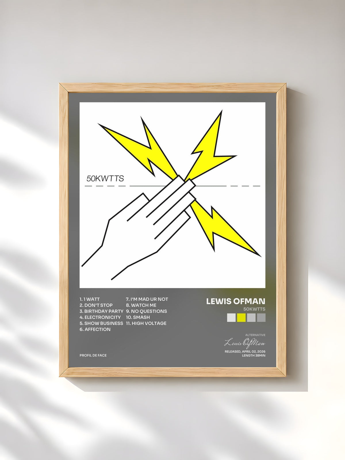 #bois Tableau de l'album 50KWTTS de Lewis OfMan, cadre en bois brut, imprimé et encadré en France
