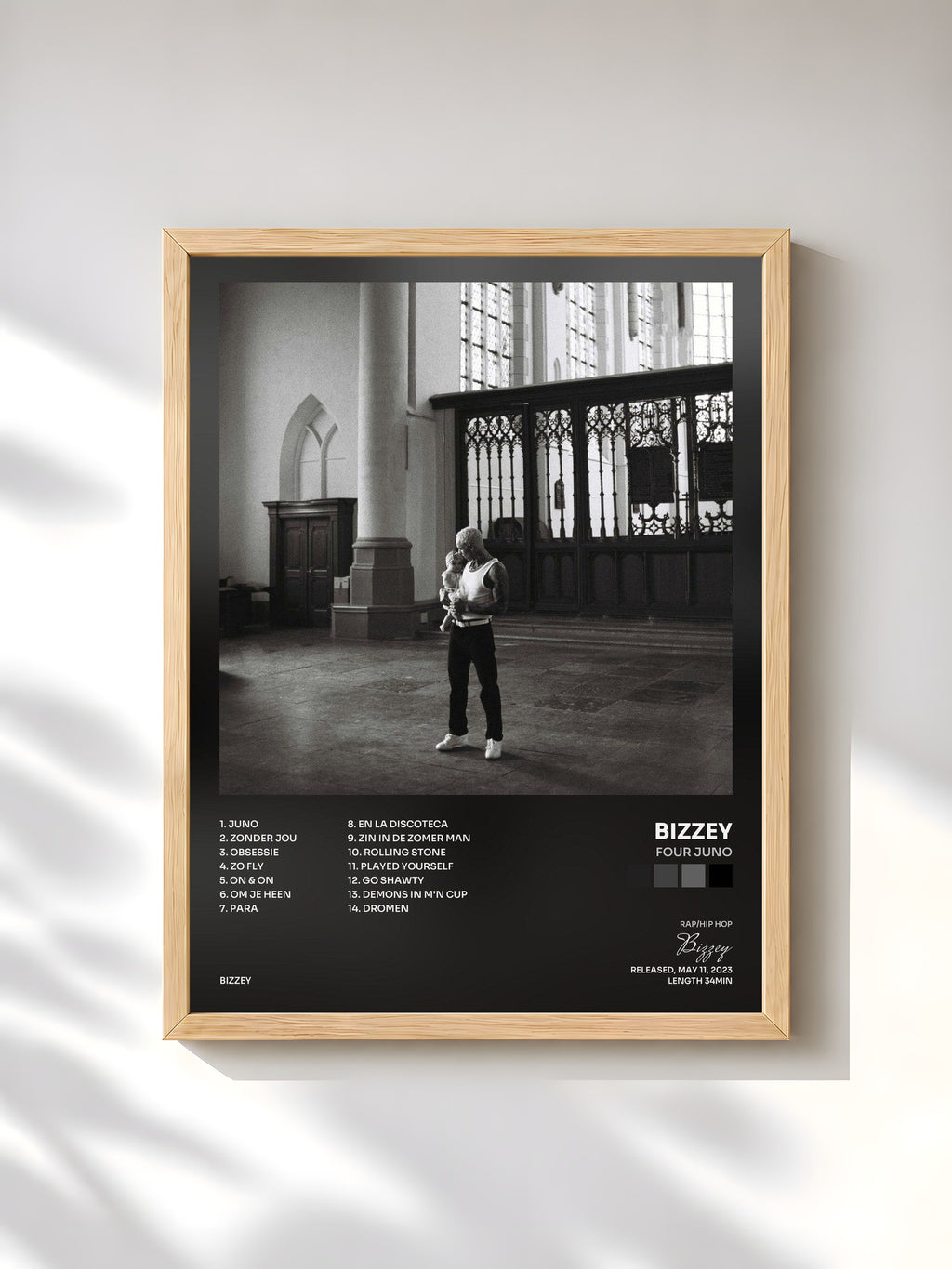 #bois Tableau de l'album FOUR JUNO de Bizzey, cadre en bois brut, imprimé et encadré en France