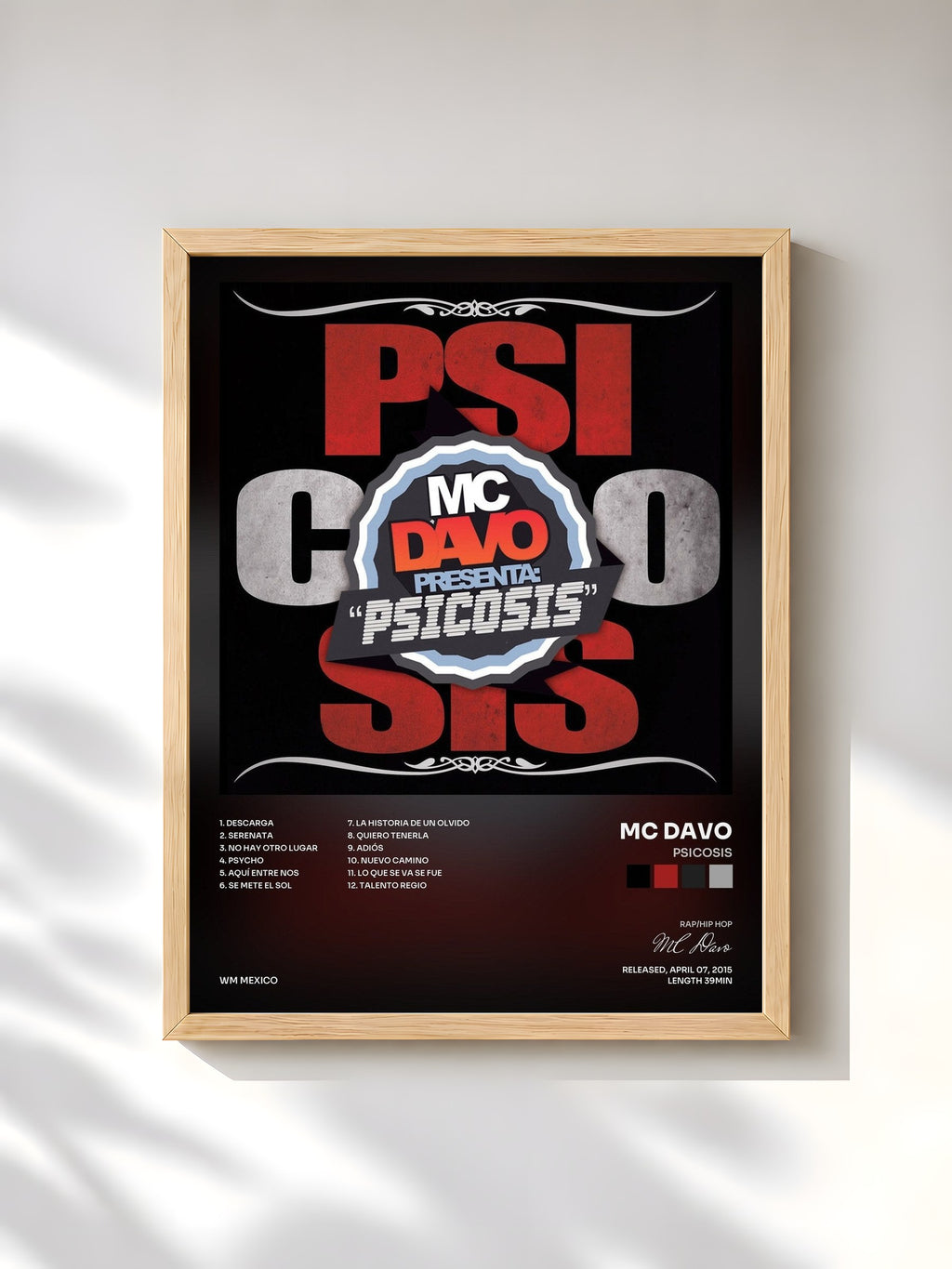 #bois Tableau de l'album Psicosis de MC Davo, cadre en bois brut, imprimé et encadré en France