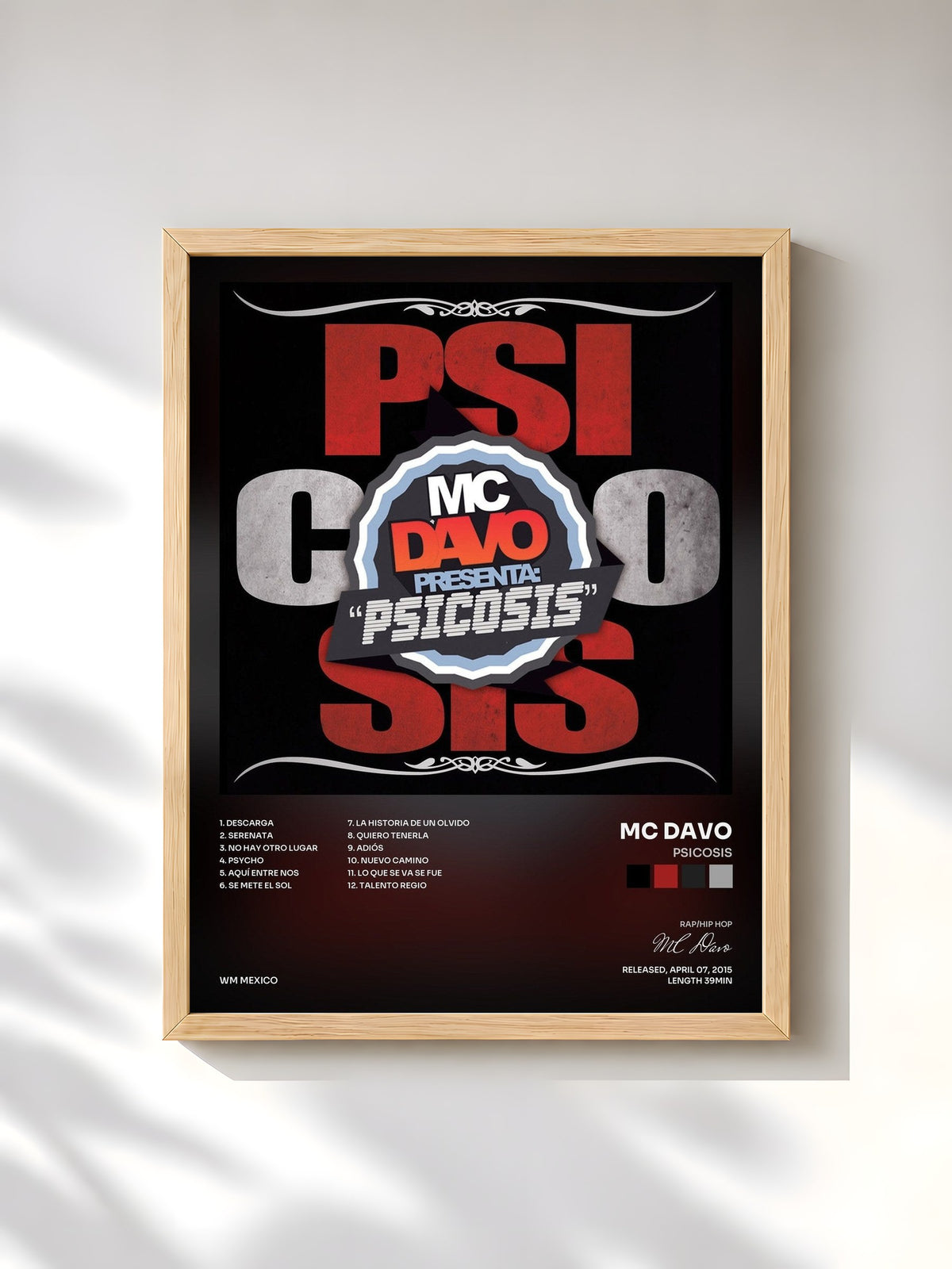 #bois Tableau de l'album Psicosis de MC Davo, cadre en bois brut, imprimé et encadré en France