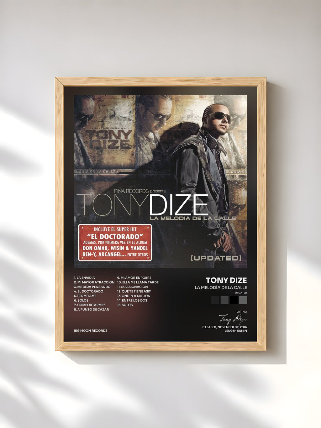 #bois Tableau de l'album La Melodía de la Calle (Updated) de Tony Dize, cadre en bois brut, imprimé et encadré en France