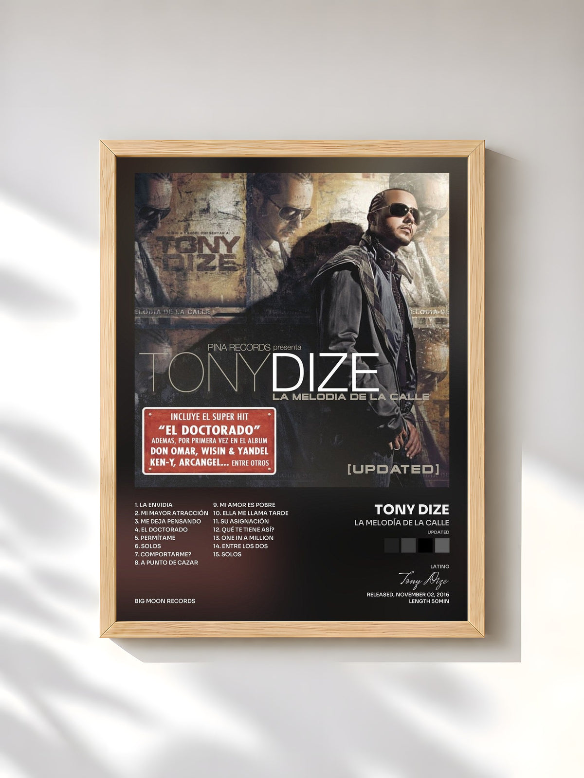 #bois Tableau de l'album La Melodía de la Calle (Updated) de Tony Dize, cadre en bois brut, imprimé et encadré en France