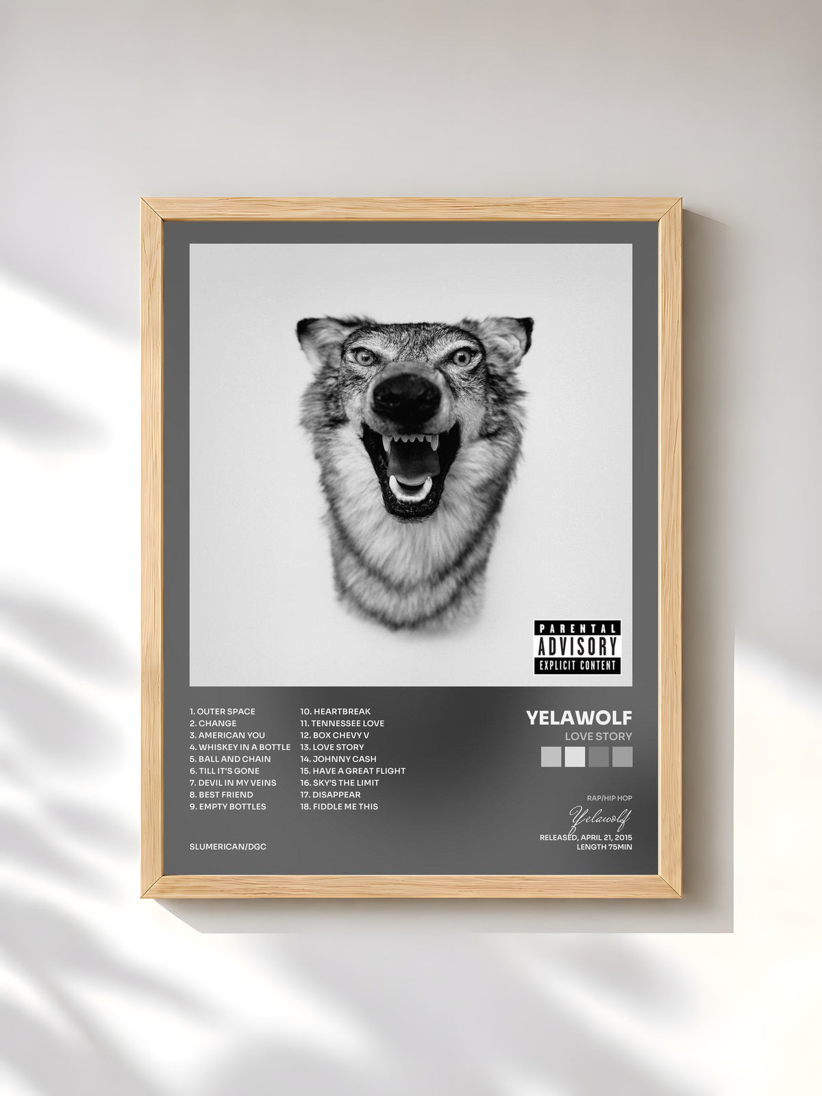 #bois Tableau de l'album Love Story de Yelawolf, cadre en bois brut, imprimé et encadré en France