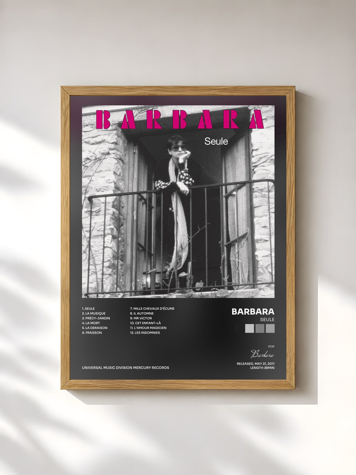#bois Tableau de l'album Seule de Barbara, cadre en bois brut, imprimé et encadré en France
