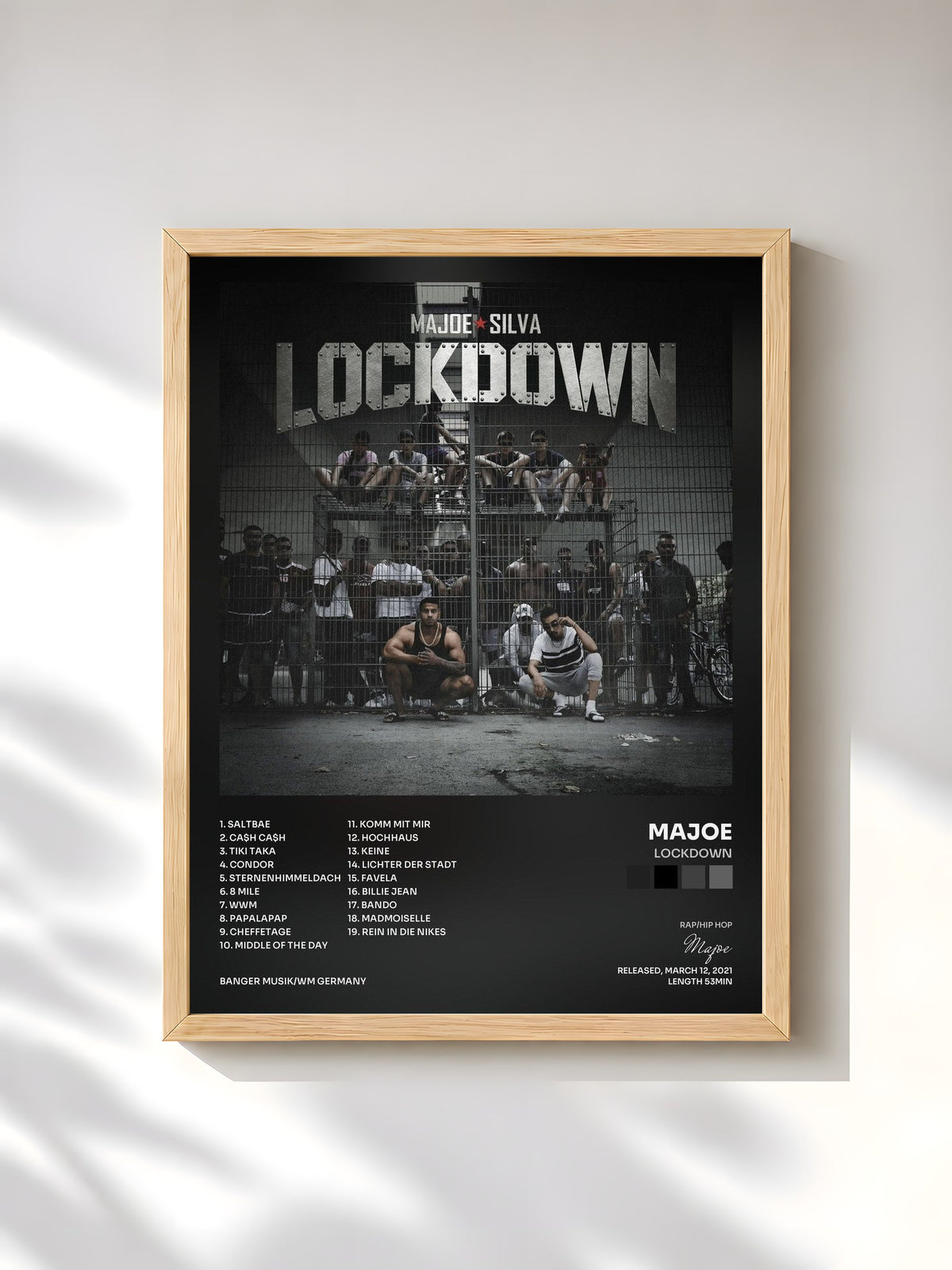 #bois Tableau de l'album LOCKDOWN de Majoe, cadre en bois brut, imprimé et encadré en France