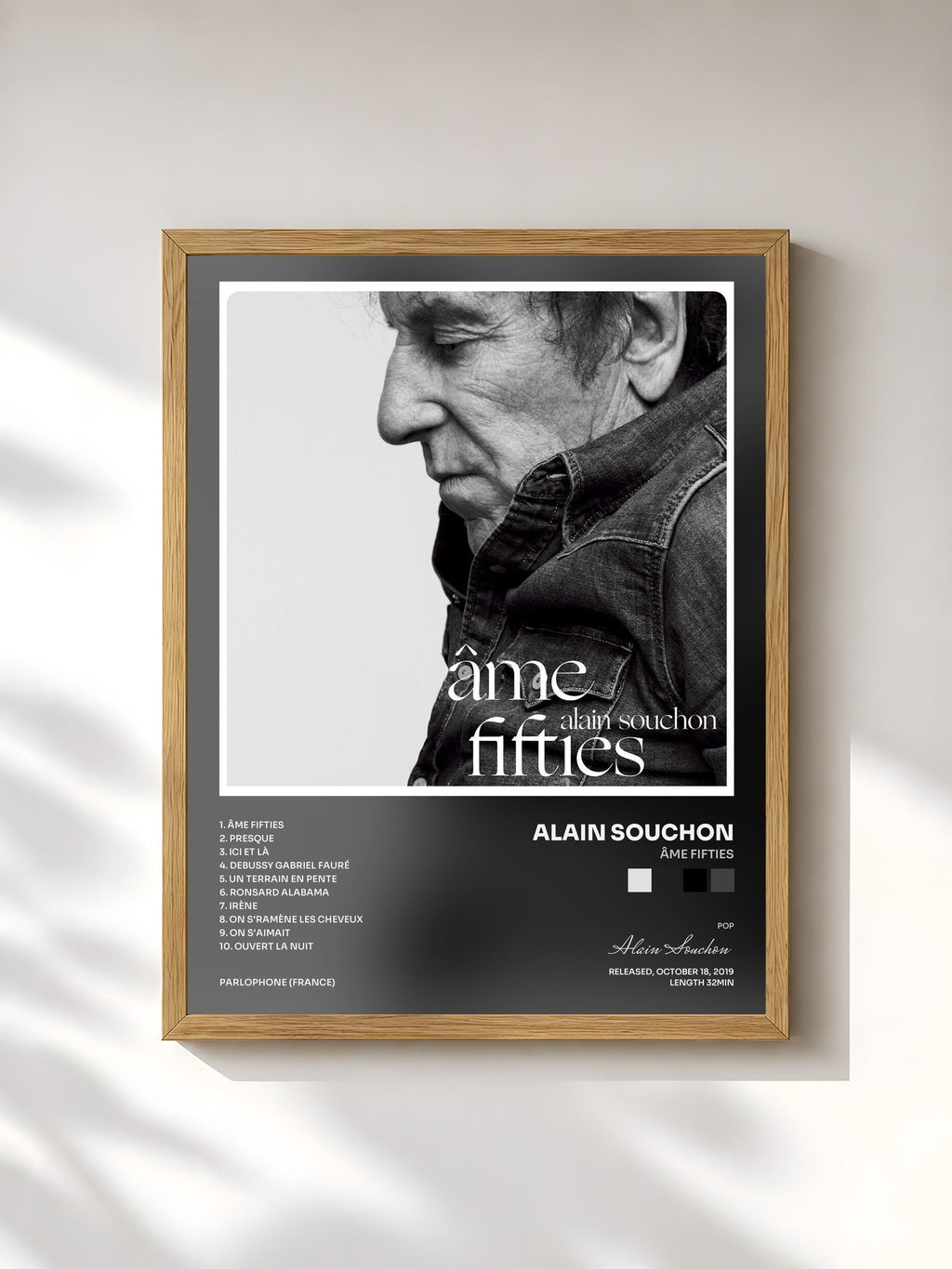 #bois Tableau de l'album Âme fifties de Alain Souchon, cadre en bois brut, imprimé et encadré en France