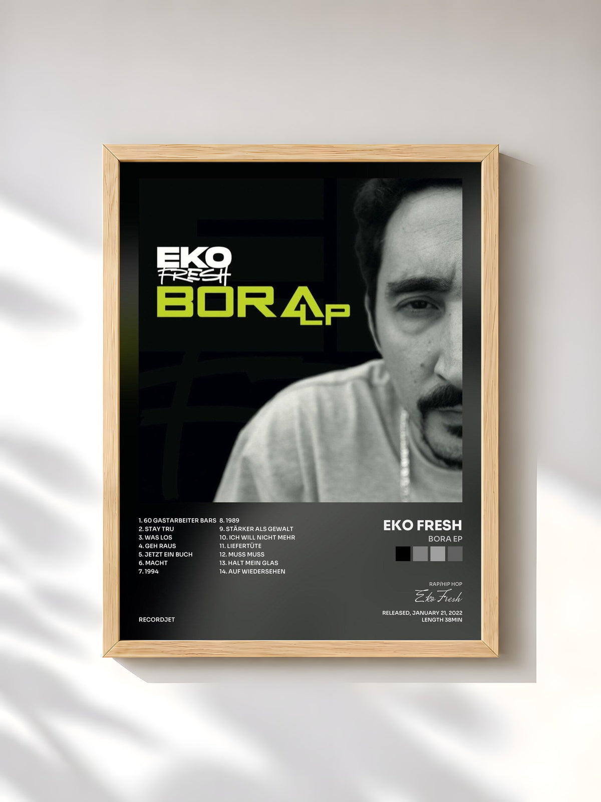 #bois Tableau de l'album Bora EP de Eko Fresh, cadre en bois brut, imprimé et encadré en France