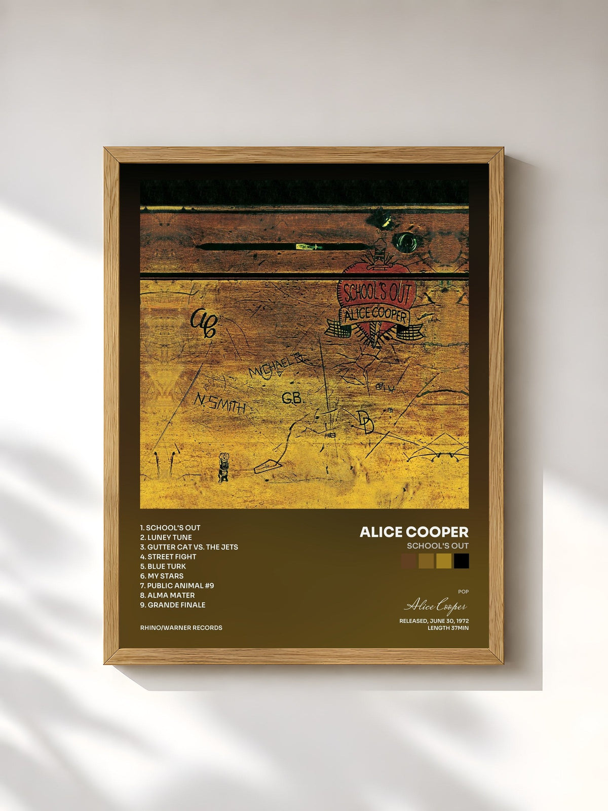 #bois Tableau de l'album School's Out de Alice Cooper, cadre en bois brut, imprimé et encadré en France