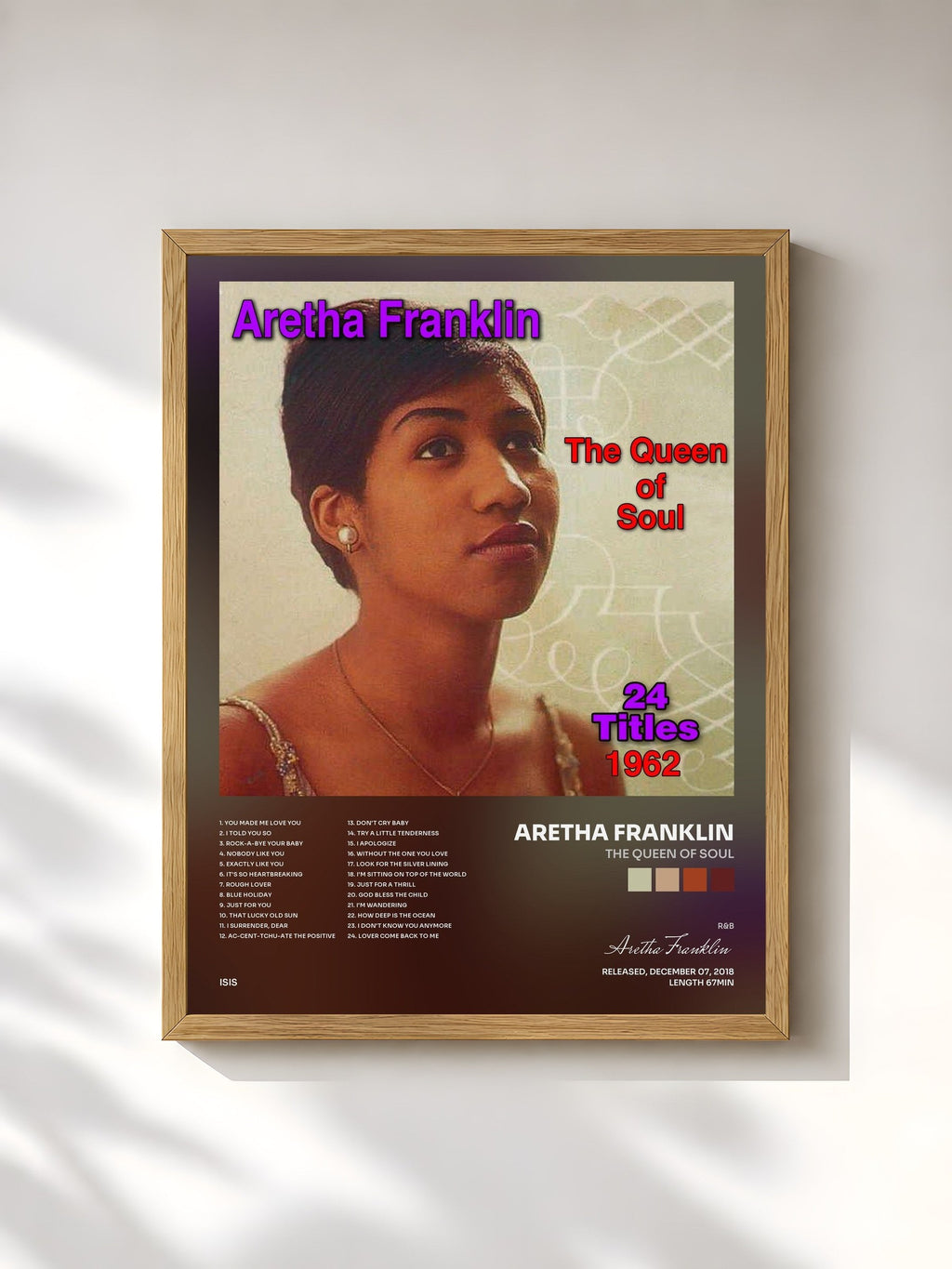 #bois Tableau de l'album The Queen of Soul de Aretha Franklin, cadre en bois brut, imprimé et encadré en France
