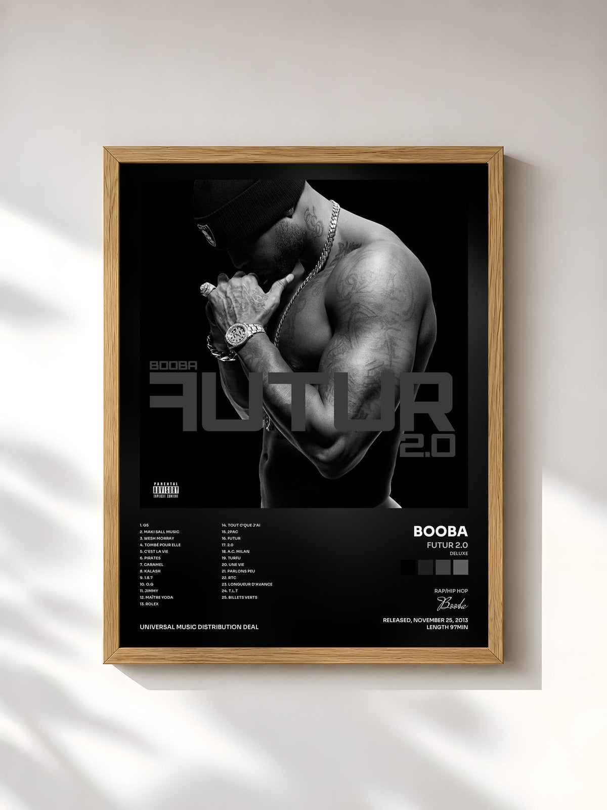 #bois Tableau de l'album Futur 2.0 (Deluxe) de Booba, cadre en bois brut, imprimé et encadré en France