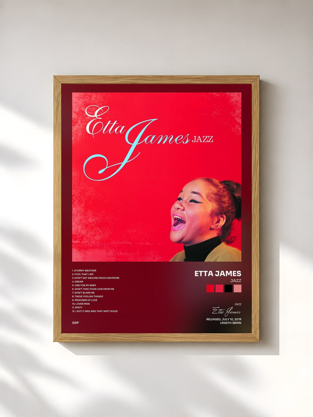 #bois Tableau de l'album Jazz de Etta James, cadre en bois brut, imprimé et encadré en France