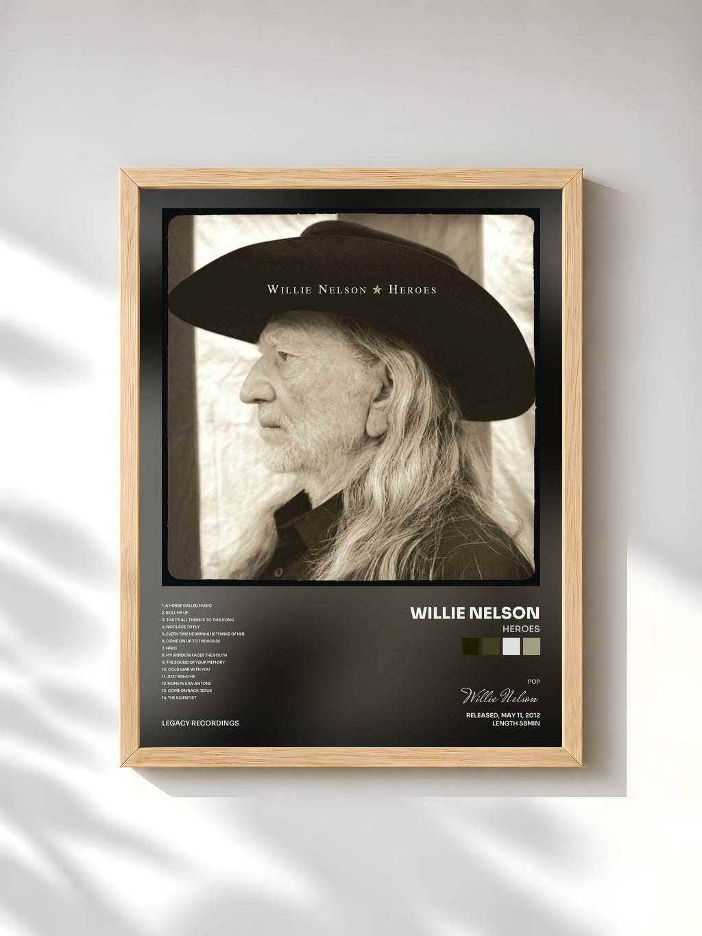 #bois Tableau de l'album Heroes de Willie Nelson, cadre en bois brut, imprimé et encadré en France