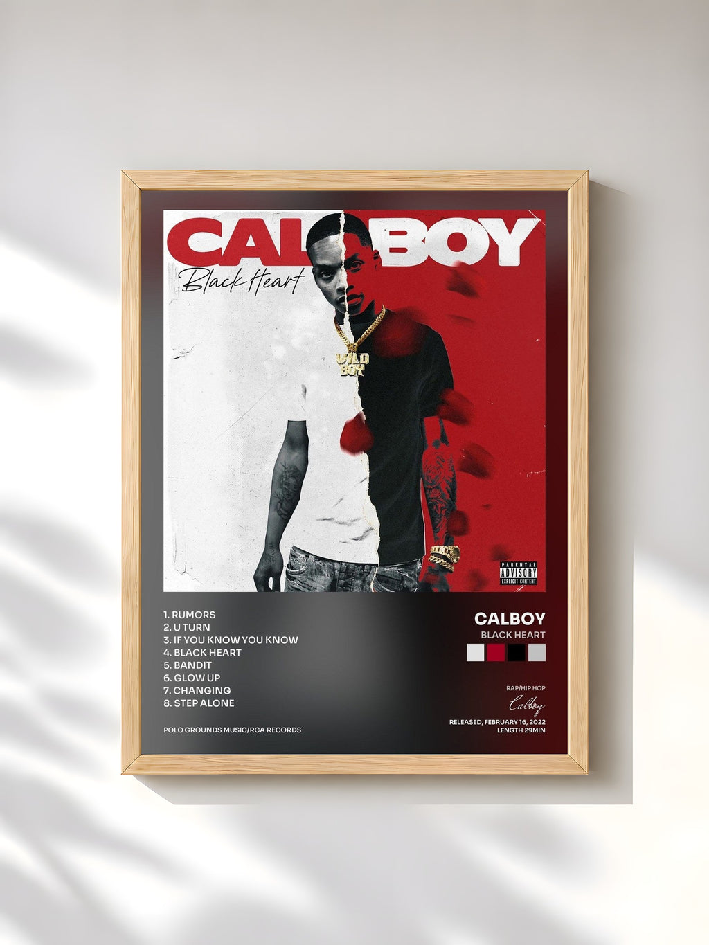 #bois Tableau de l'album Black Heart de Calboy, cadre en bois brut, imprimé et encadré en France