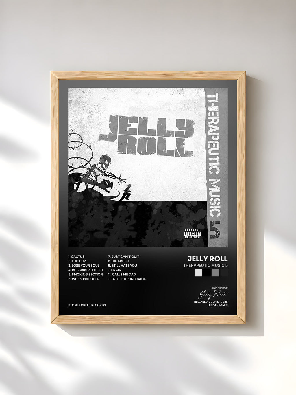 #bois Tableau de l'album Therapeutic Music 5 de Jelly Roll, cadre en bois brut, imprimé et encadré en France