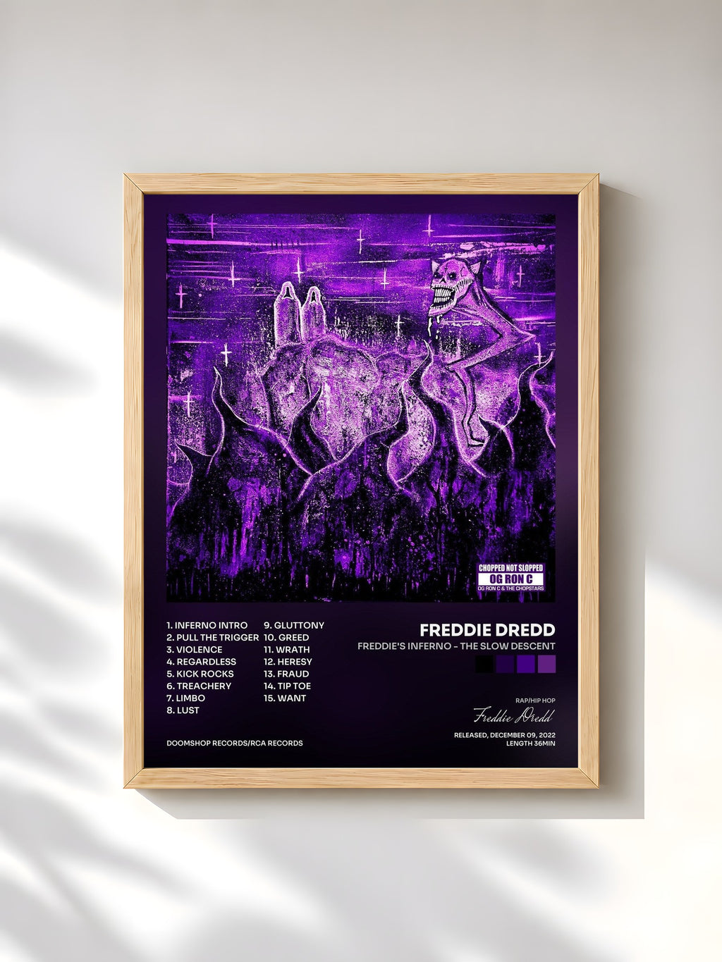 #bois Tableau de l'album Freddie's Inferno - The Slow Descent de Freddie Dredd, cadre en bois brut, imprimé et encadré en France