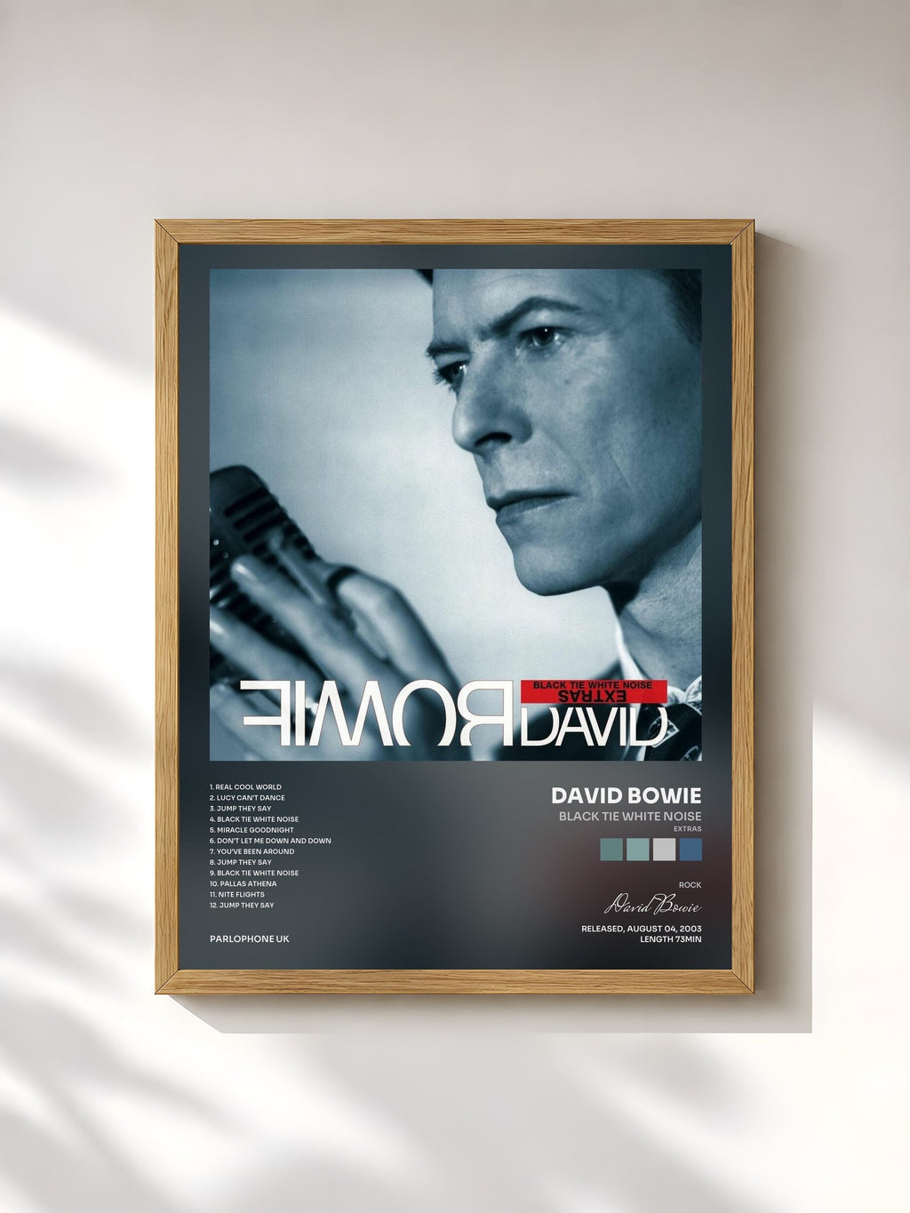 #bois Tableau de l'album Black Tie White Noise (Extras) de David Bowie, cadre en bois brut, imprimé et encadré en France