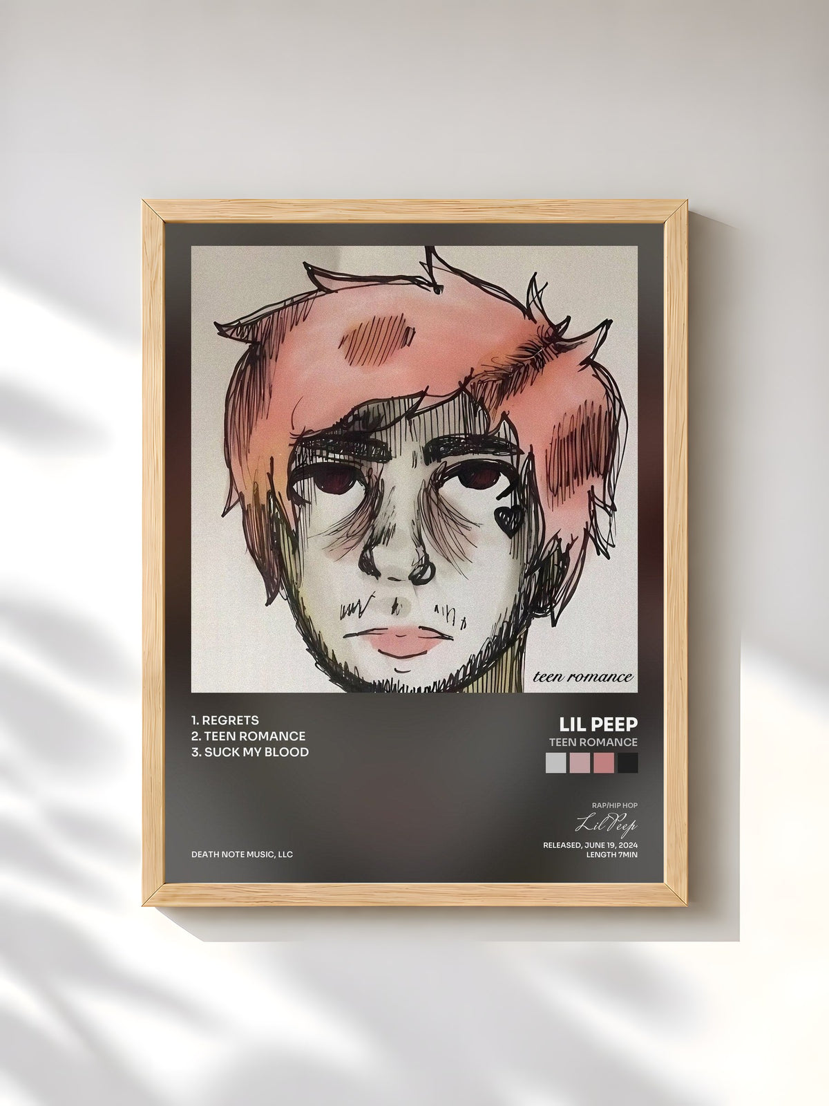 #bois Tableau de l'album teen romance de Lil Peep, cadre en bois brut, imprimé et encadré en France