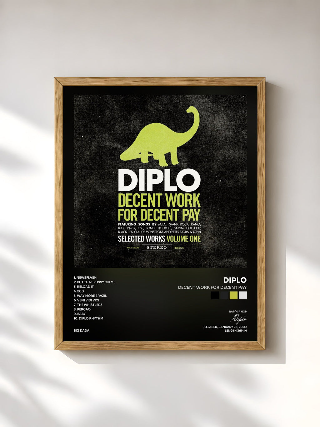 #bois Tableau de l'album Decent Work For Decent Pay de Diplo, cadre en bois brut, imprimé et encadré en France