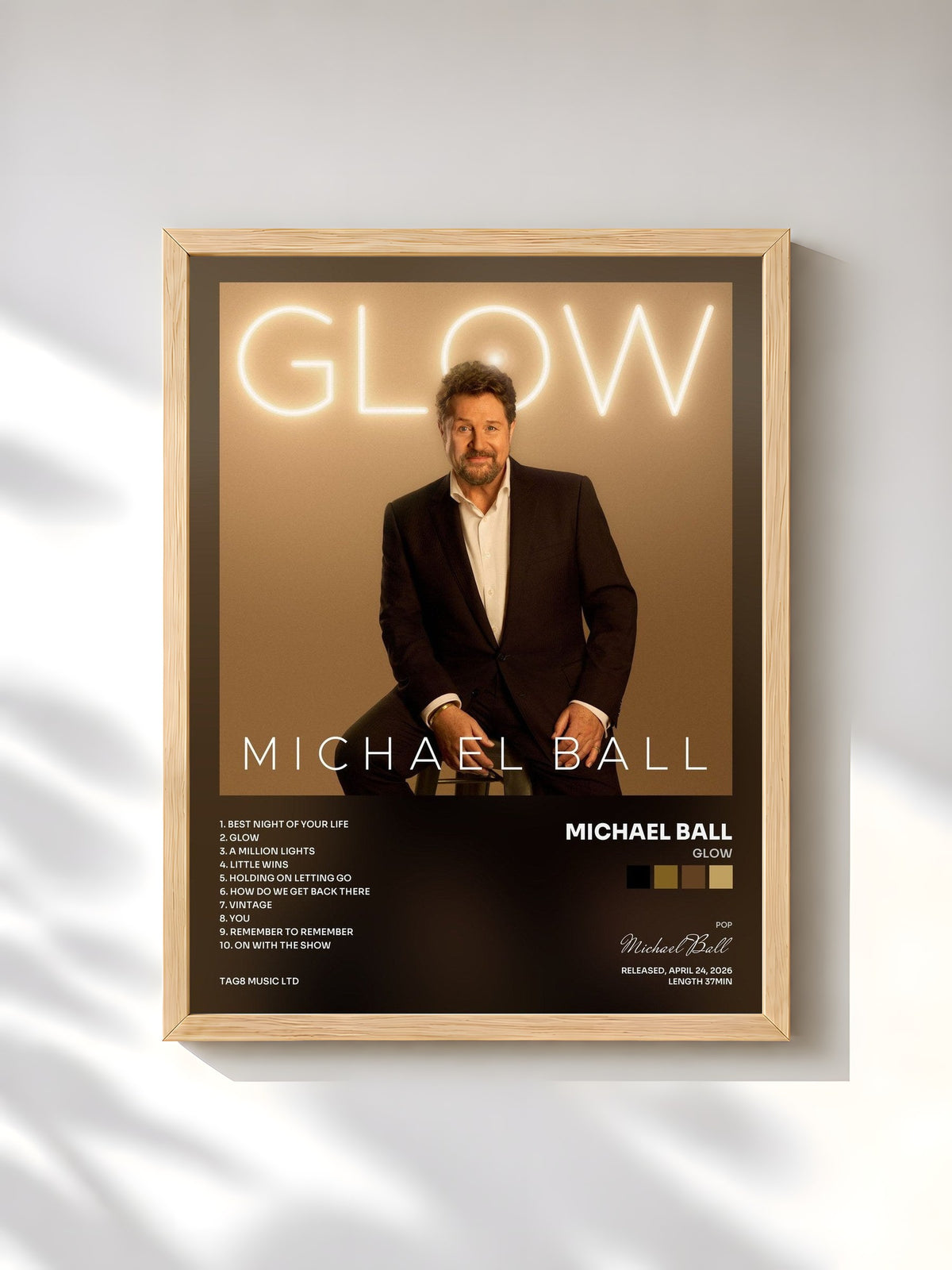 #bois Tableau de l'album Glow de Michael Ball, cadre en bois brut, imprimé et encadré en France
